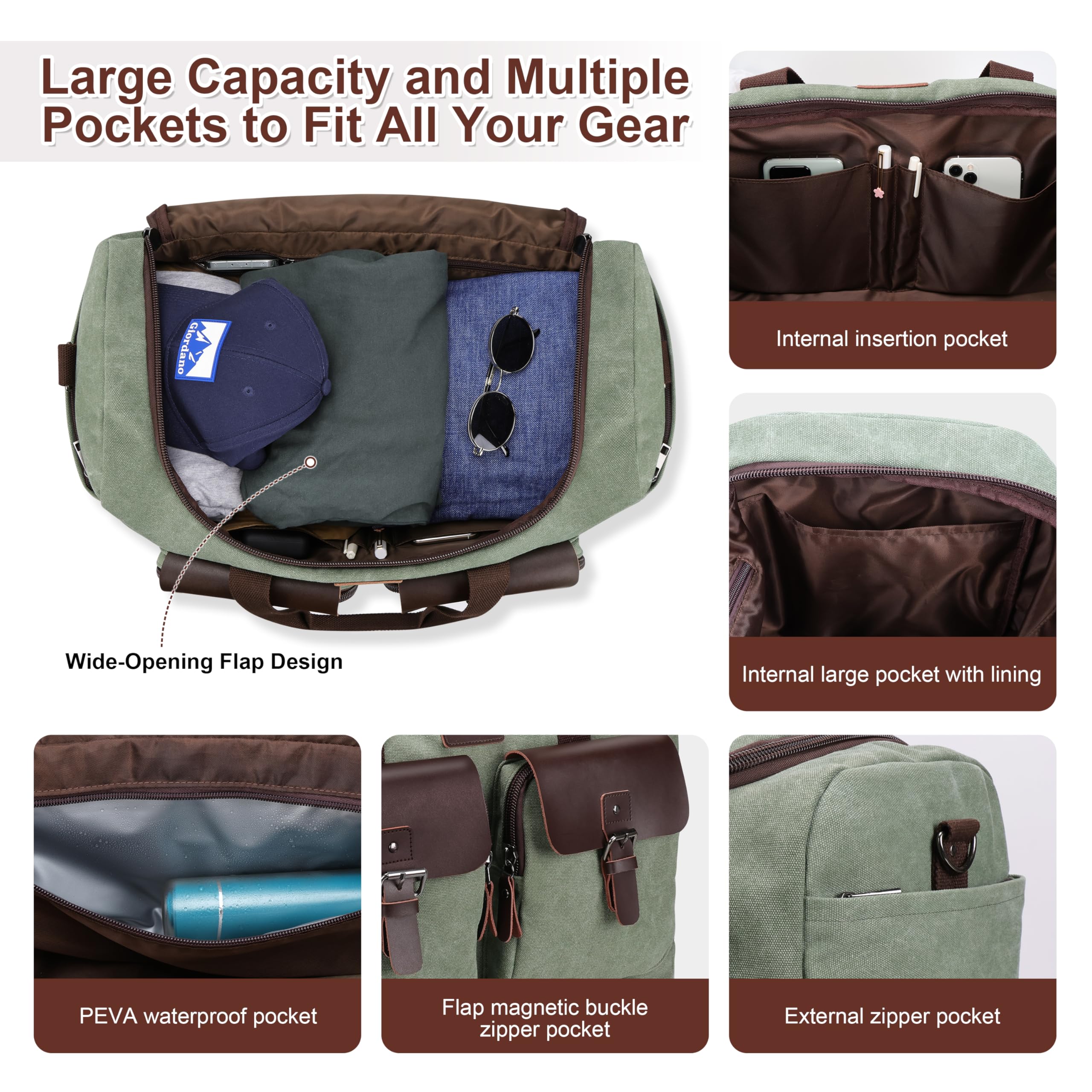 Large Capacity Waterproof Canvas & Genuine Leather Travel Duffle Bag with Shoe Compartment - Vintage Weekender Overnight Carry-On for Gym, Business Trips & Weekend Getaways