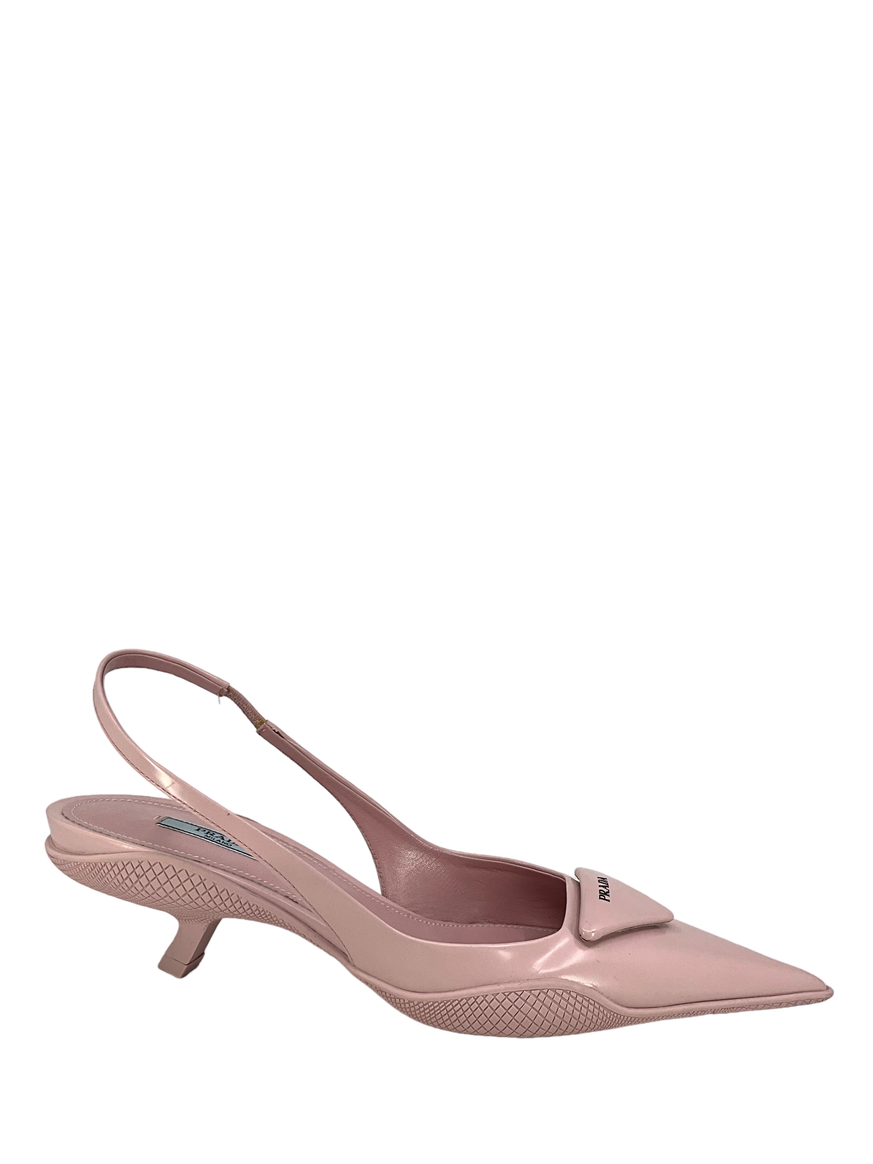 PRADA Spazzolato Leather Triangle Logo Pointed Toe Slingback Pumps Women's Size 8.5 - Elegant High Heels for Office, Party & Special Occasions