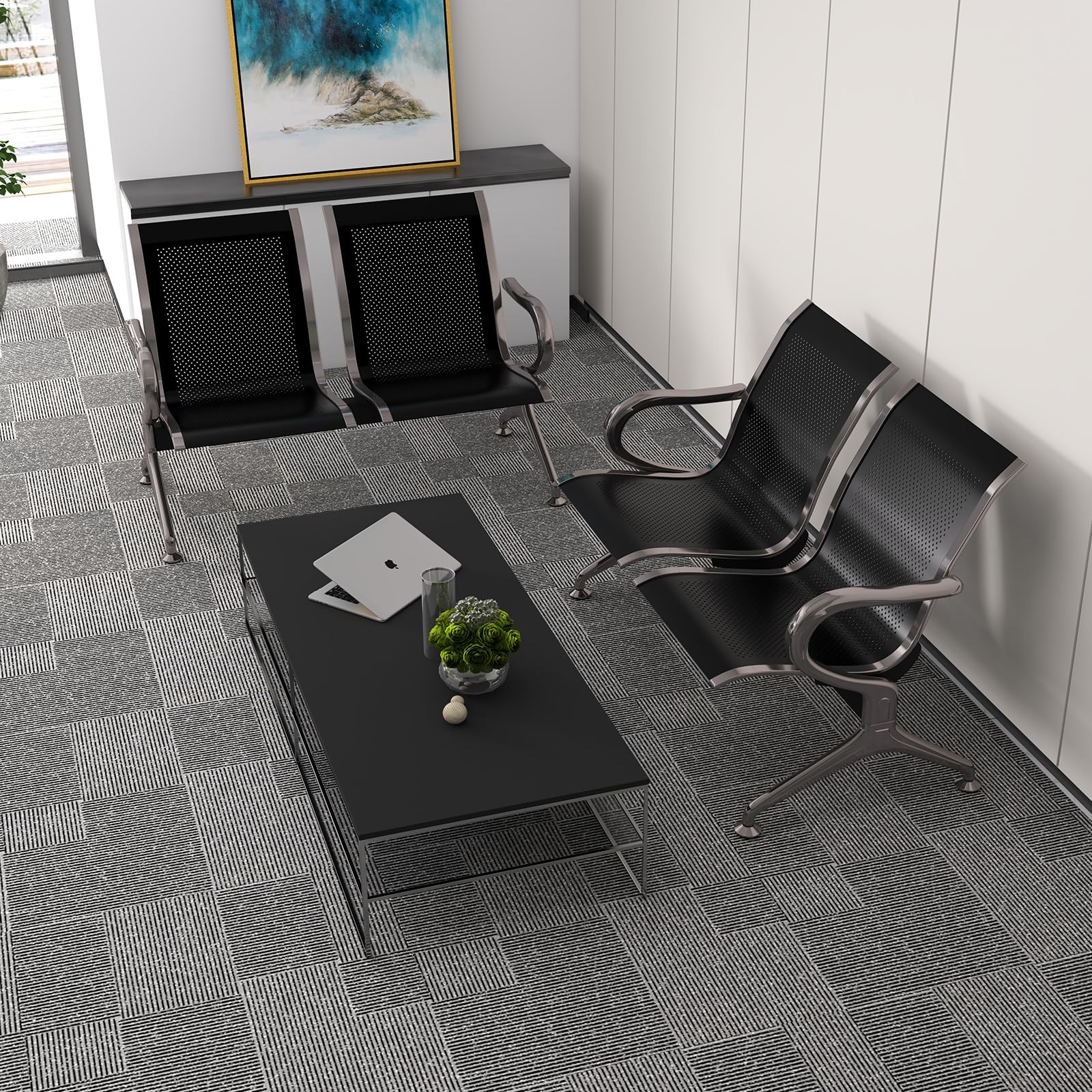 Kinsuite Heavy Duty Reception Chairs Set of 2 - Black Waiting Room Chairs for Office, Bank, Hospital & School - Durable 2-Seat Guest Chairs for Professional Spaces & High-Traffic Areas