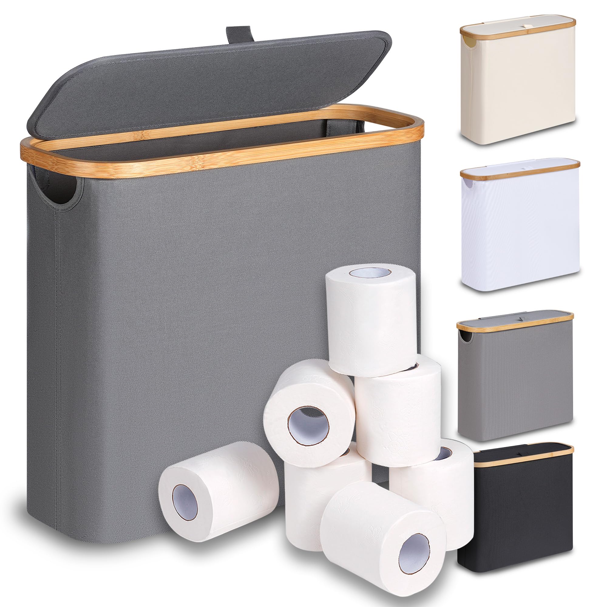 28L Grey Toilet Paper Storage Basket with Lid - Free Standing Bathroom Organizer Holds 9-12 Rolls | Perfect for Small Spaces, Apartment Bathrooms & Clutter-Free Organization