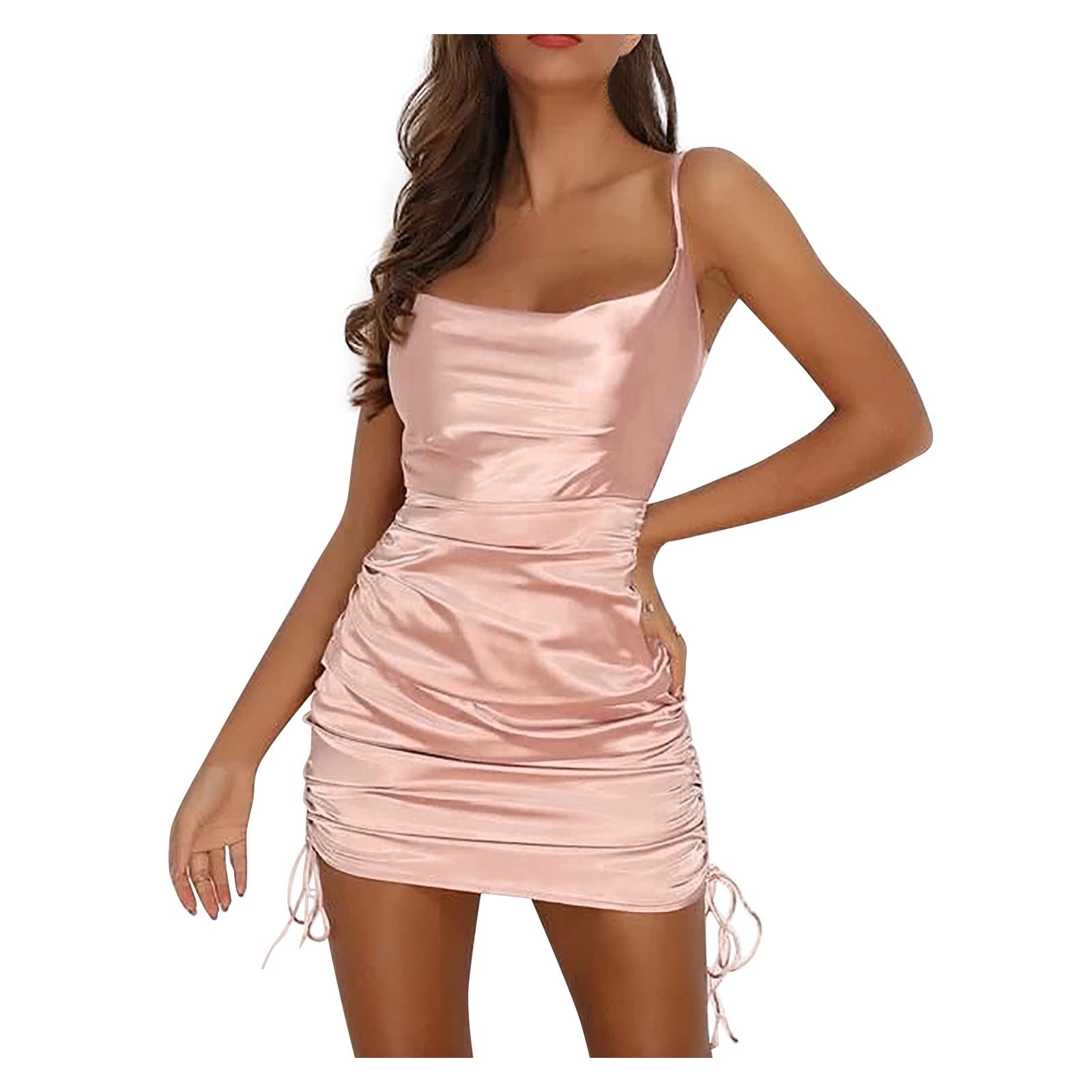 Women's Summer Casual Loose Satin Halter Dress with Drawstring & Pleated Details - Elegant Sexy Sling Dress for Beach, Party, and Date Night Outfits