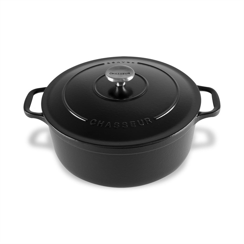 Chasseur Round French Oven 26cm/5L Black - Premium Enameled Cast Iron Dutch Oven for Baking, Braising & Slow Cooking