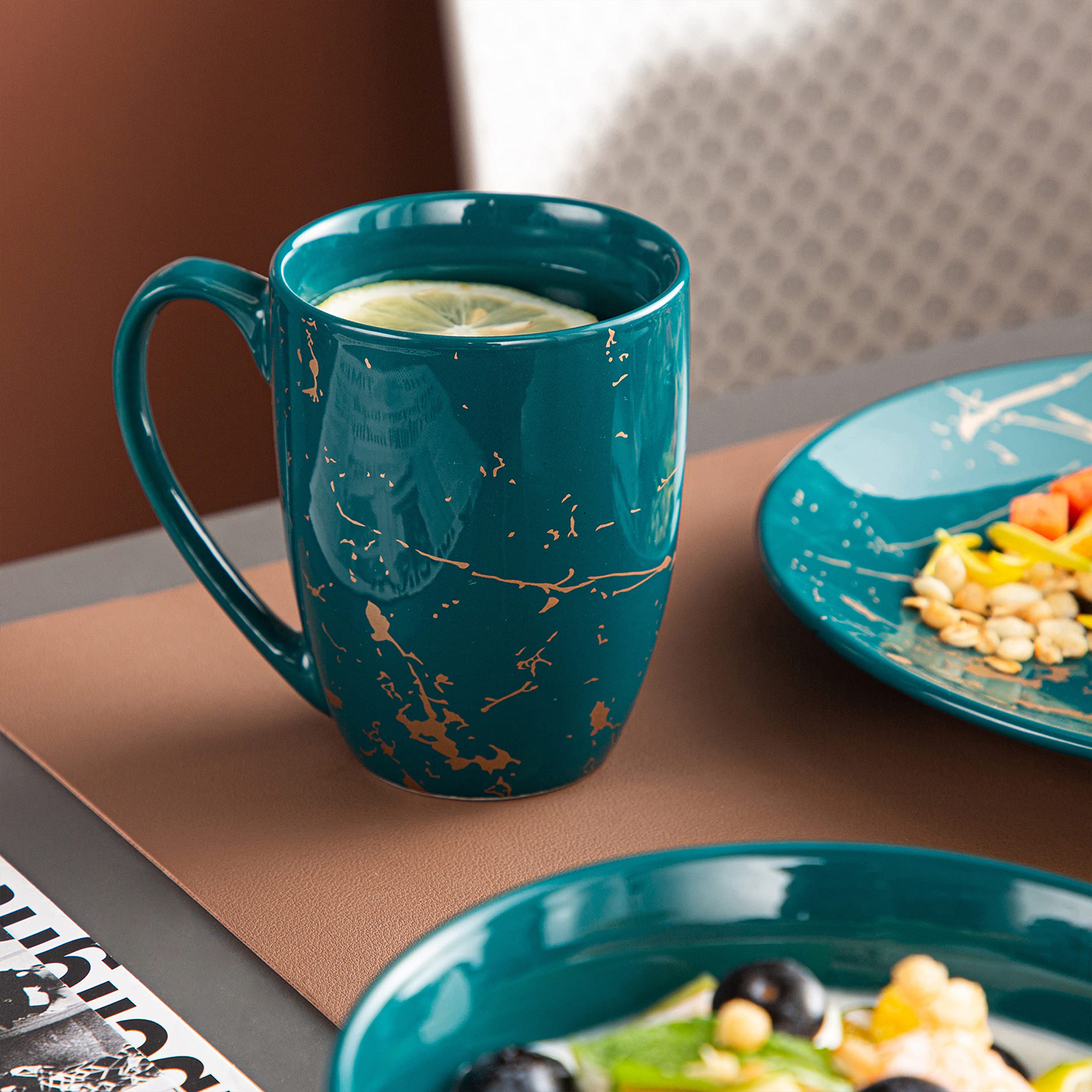 LOVECASA 16-Piece Porcelain Dinnerware Set for 4 - Gold Trim Dark Green Plates, Bowls & Mugs - Elegant Dinner Plates, Dessert Plates & Soup Bowls - Perfect for Family Dinners, Holiday Entertaining & Restaurant-Style Dining