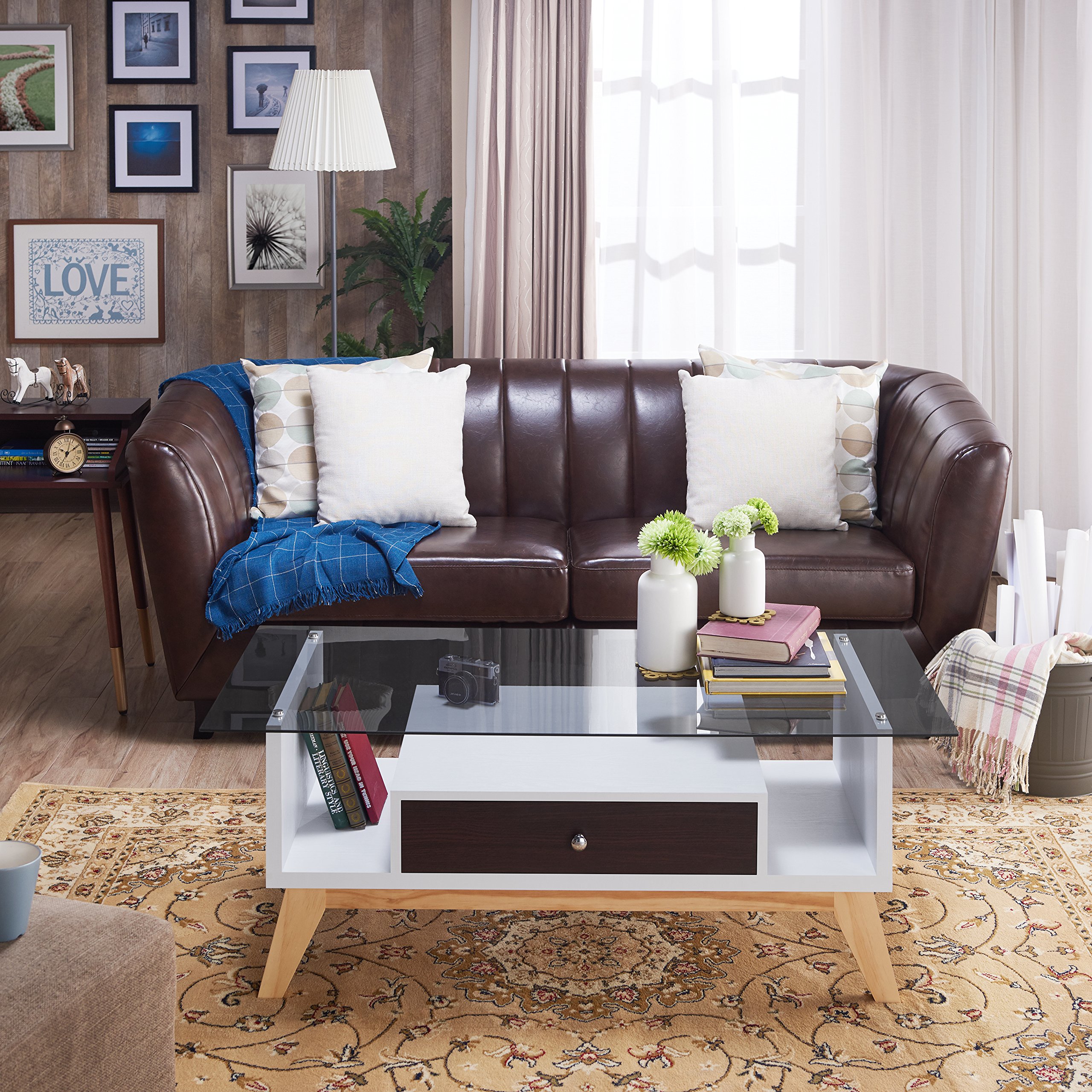 Modern Rectangle 1-Drawer Glass Top Coffee Table in Espresso - Stylish Living Room Furniture for Small Spaces, Home Office & Apartment Decor