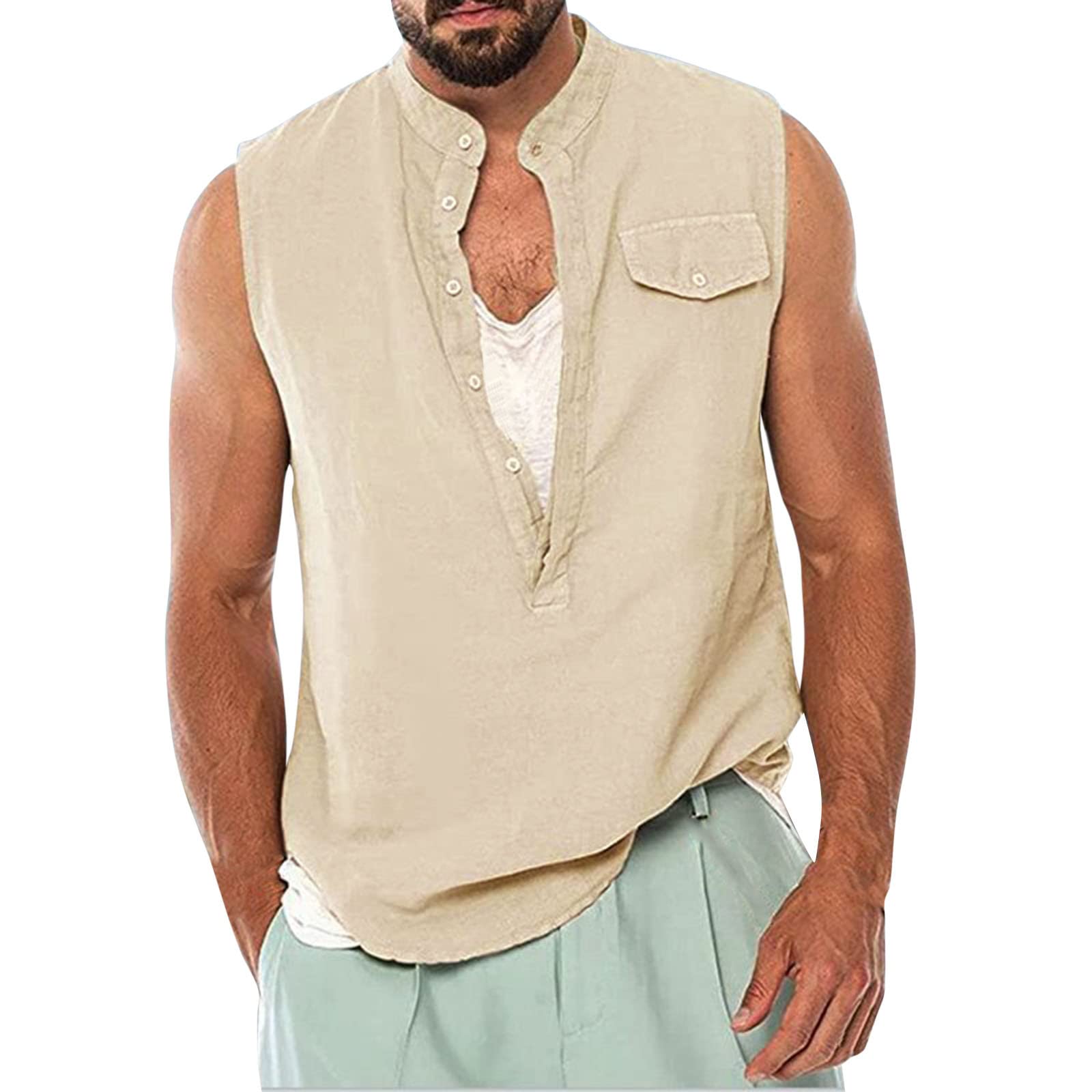 Men's Linen & Cotton Sleeveless V-Neck Tank Top - Breathable Summer Beach Shirt, Hippie Punk Tunic Blouse with Button Down Design | Perfect for Casual Wear, Music Festivals & Vacation Outfits