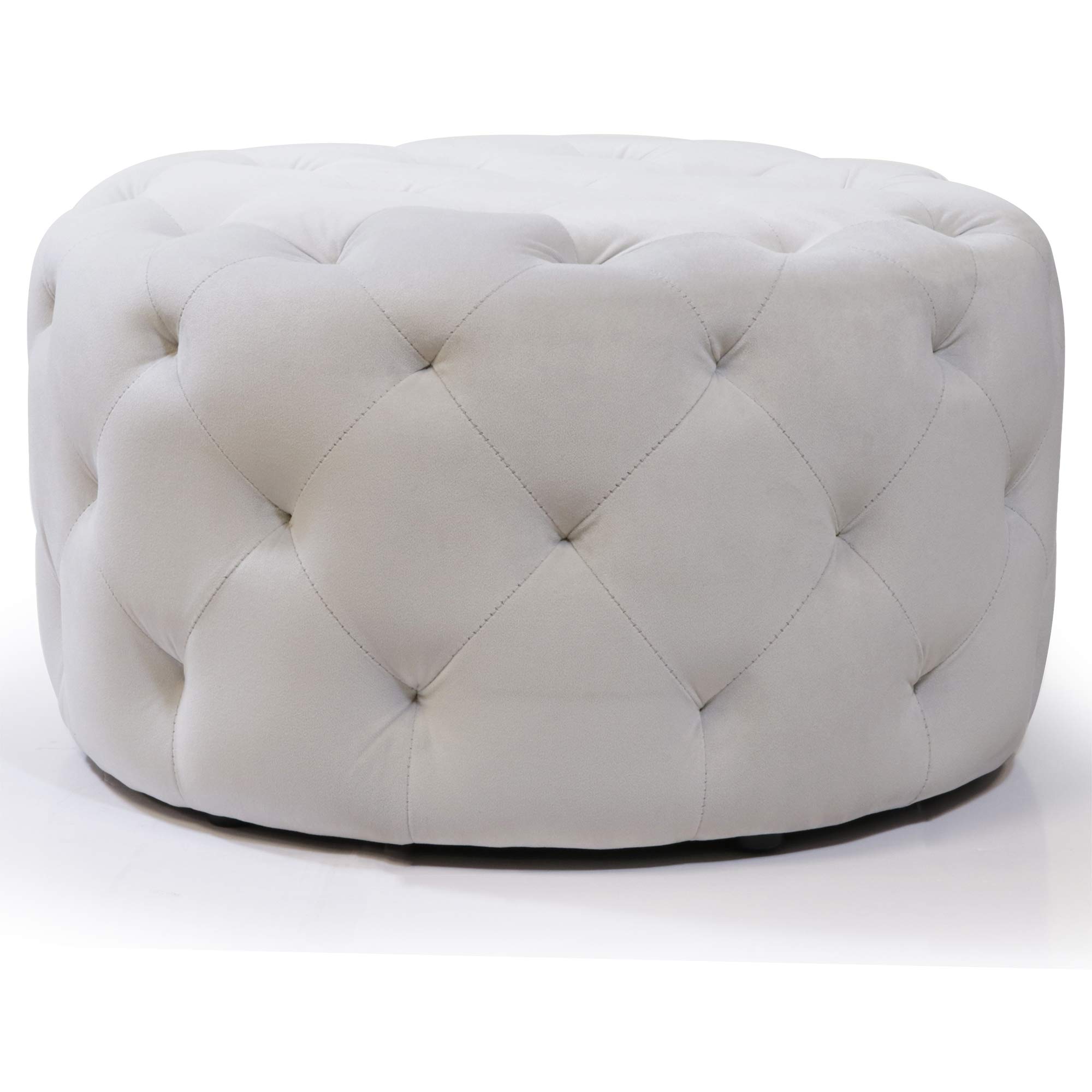 Tiffany Meerna 24-inch Round Tufted Padded Ottoman - Medium Size White Storage Footrest - Perfect for Living Room, Bedroom & Nursery Decor