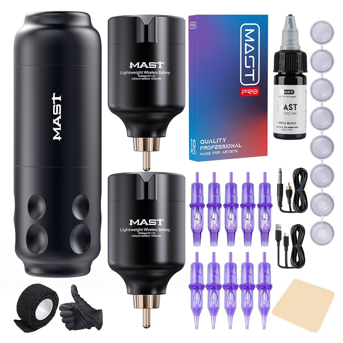 Professional Wireless Tattoo Machine Kit - Mast Sensor Tattoo Gun with 2 RCA Batteries & Power Supply - Complete Tattoo Equipment for Artists & Beginners - Perfect for Home Studios & Professional Tattoo Shops