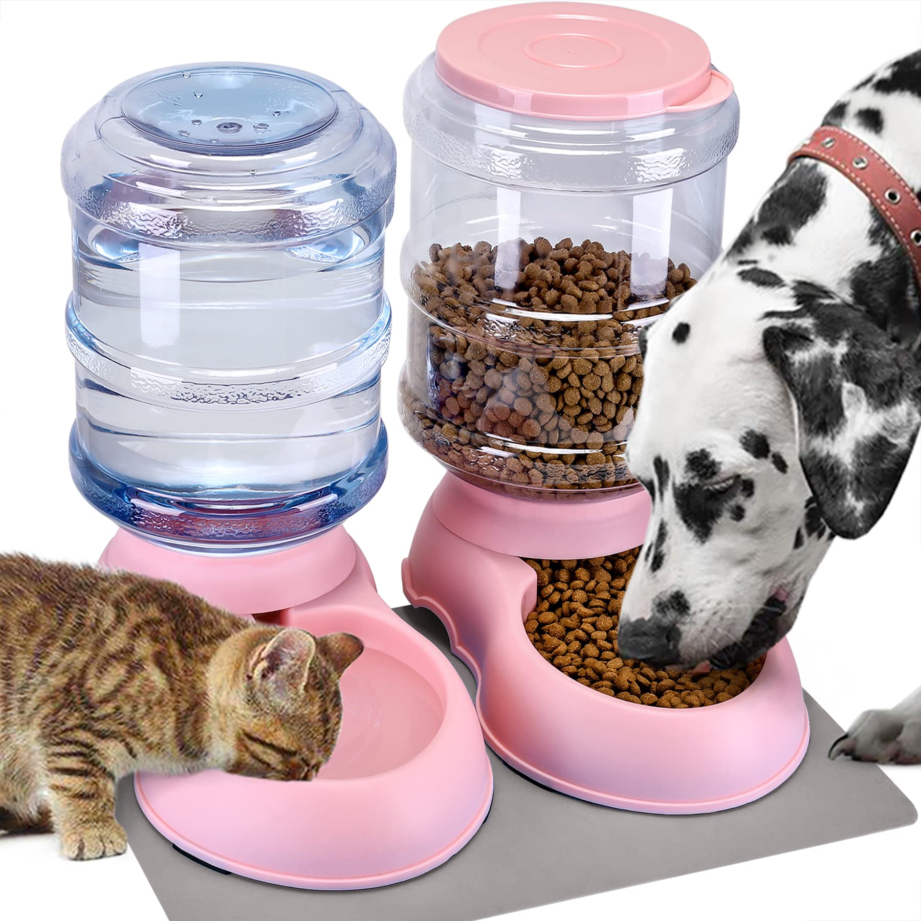 2 Pack Automatic Cat Feeder & Water Dispenser Set with Pet Food Mat - 1 Gallon Capacity for Small/Medium Dogs, Cats, Puppies & Kittens (Pink) - Perfect for Home, Office & Travel Use