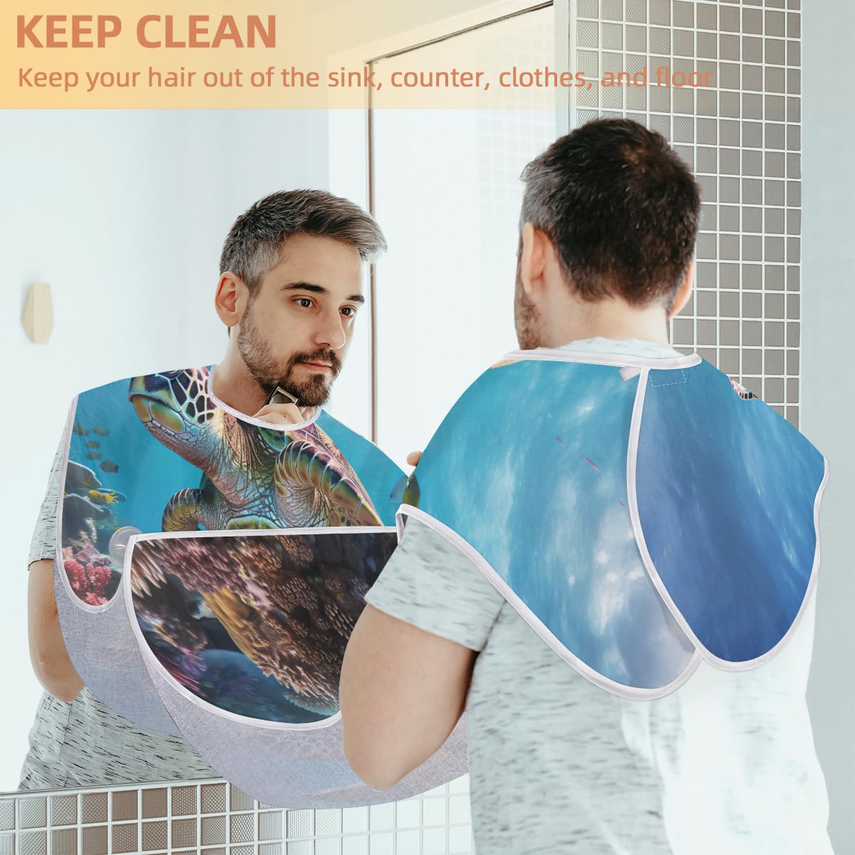 Ocean Turtle Summer Beard Shaving Bib for Men - Waterproof Hair Dye Apron & Makeup Cape - Sink Hair Catcher for Barbers & Home Grooming - Perfect Beard Trimming & Haircut Accessory for Salon, Bathroom & Travel Use