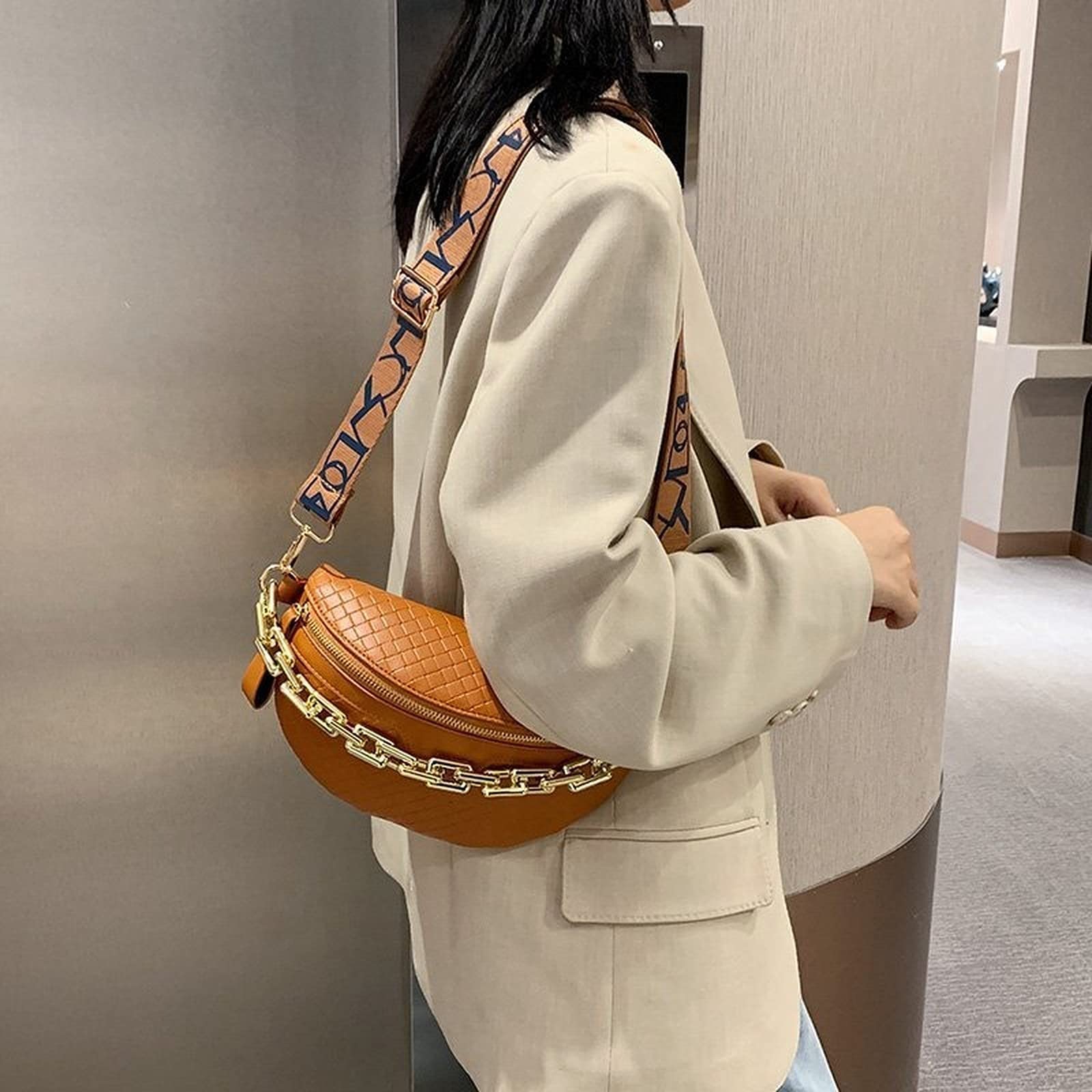 Stylish Plaid Leather Fanny Pack for Women - Thick Chain Crossbody Waist Bag, Luxury Designer Shoulder Chest Bag (Brown) | Perfect for Travel, Concerts & Everyday Use