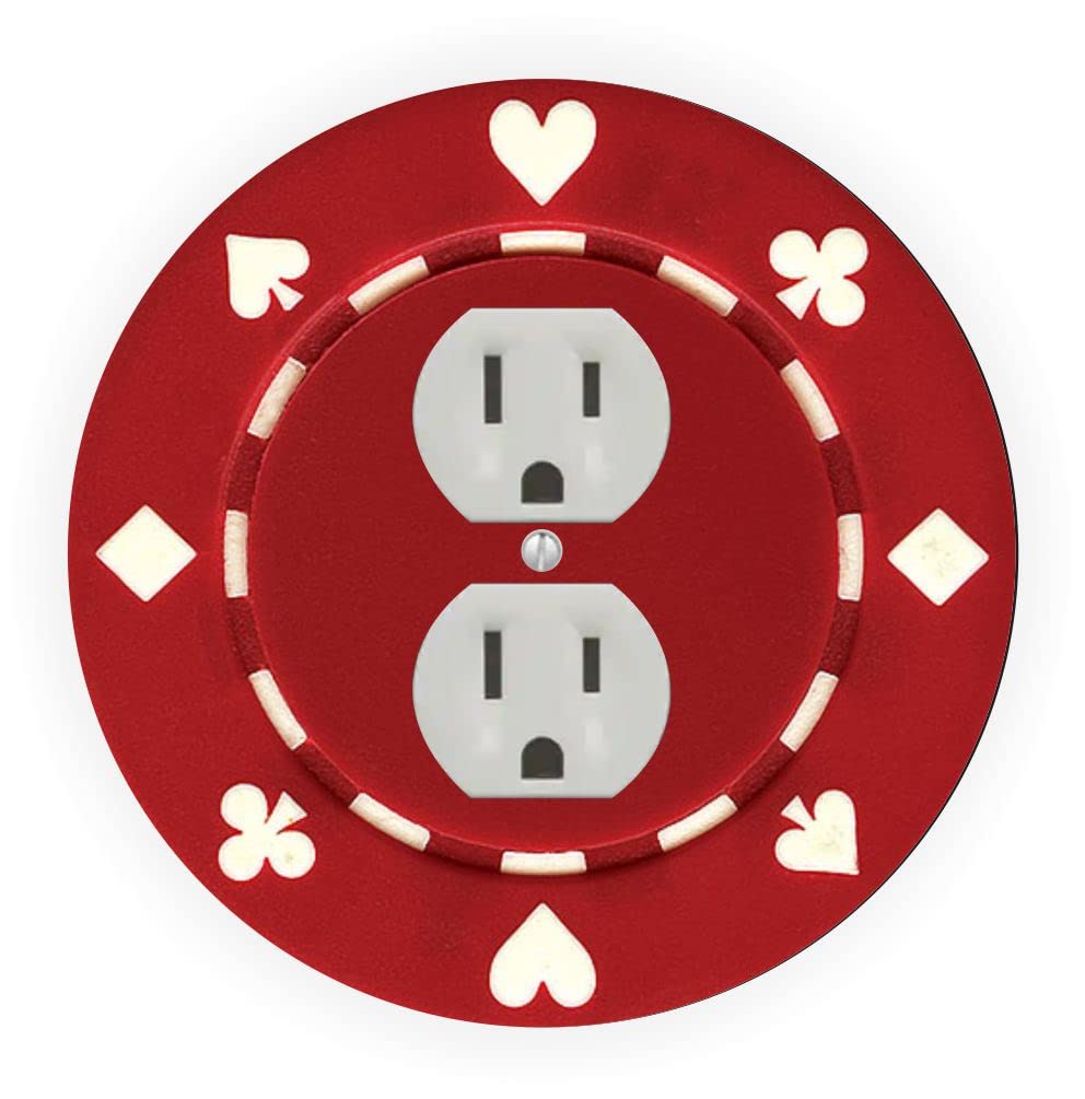 Red Poker Chip Light Switch Cover - Round Outlet Plate for Game Rooms & Bars