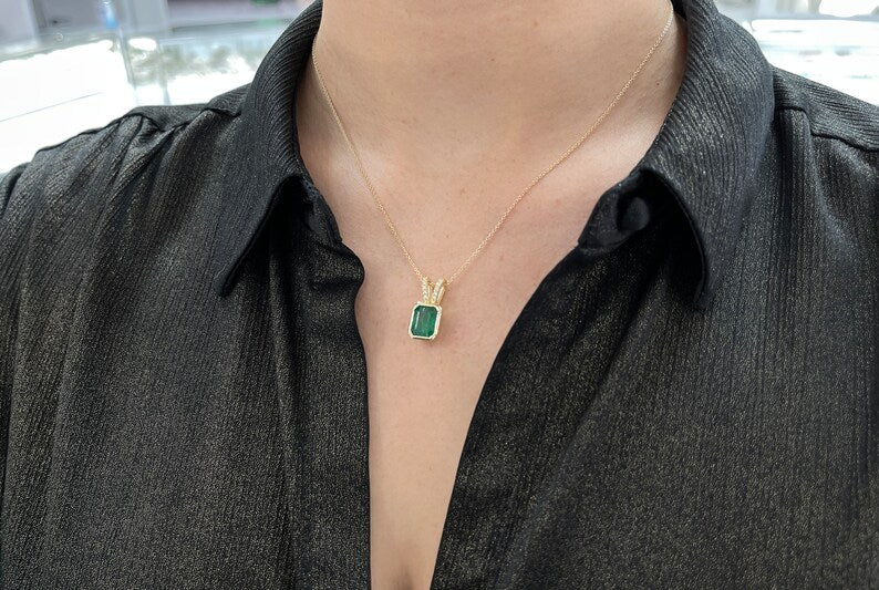 3.17tcw 14K Gold Natural Dark Green Emerald & Diamond Pendant Necklace - Elegant Jewelry Gift for Women, Perfect for Weddings, Anniversaries & Special Occasions