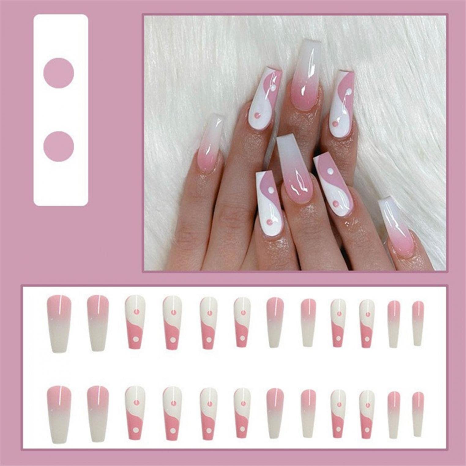 24pcs Long Glossy Press On Nails - Nude Pink with Floral Designs, French Ballerina Coffin Fake Nails for Manicure | Perfect for Parties, Weddings & Everyday Wear
