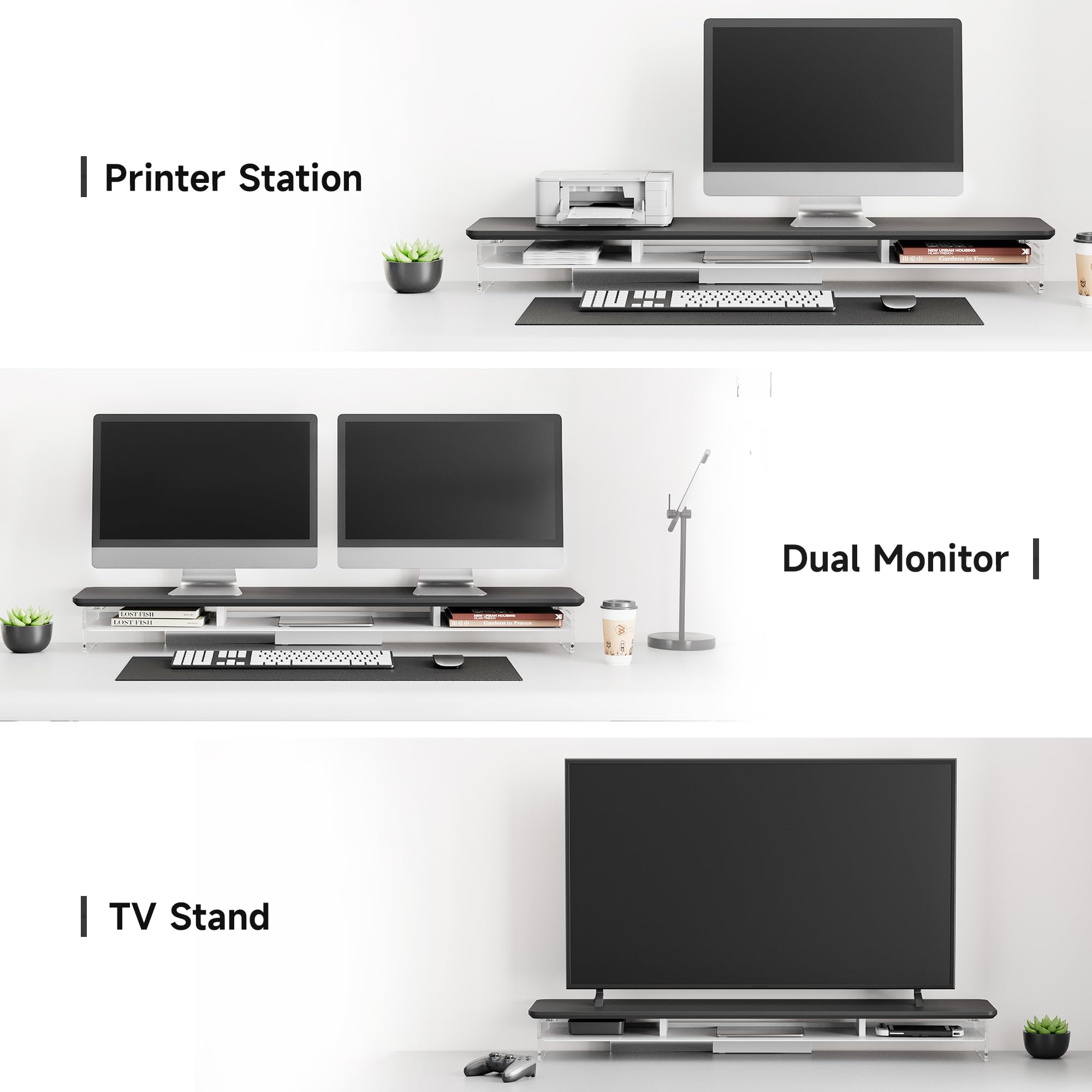 FENGE 42.5 Inch 2-Tier Acrylic Dual Monitor Stand Riser with Storage Organizer - Black | Space-Saving Desktop Organizer for Home Office, Gaming Setup & Business Workspace