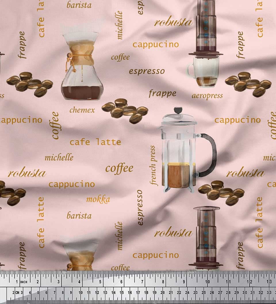 Soimoi 42 Inch Wide Pink Silk Fabric by The Yard - Printed Text & Coffee Maker Design - Contemporary Material for DIY Sewing, Upholstery & Home Decor - Perfect for Kitchen Curtains, Table Runners & Caffeine-Themed Crafts