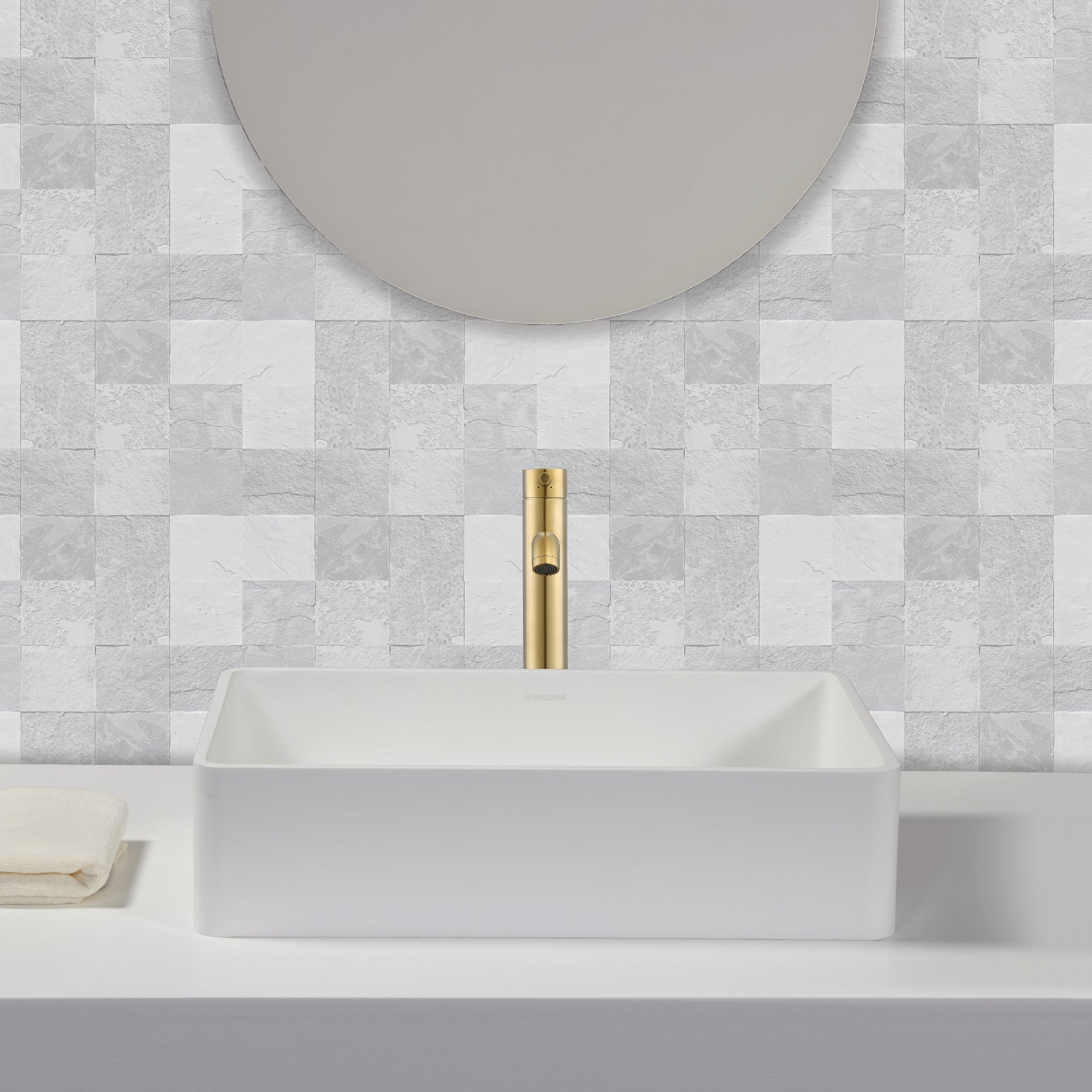 Ancona Holbrook White Ceramic Vessel Bathroom Sink with Brushed Champagne Gold Single Hole Faucet - Modern Vanity Basin for Powder Room, Guest Bath & Master Bathroom Decor