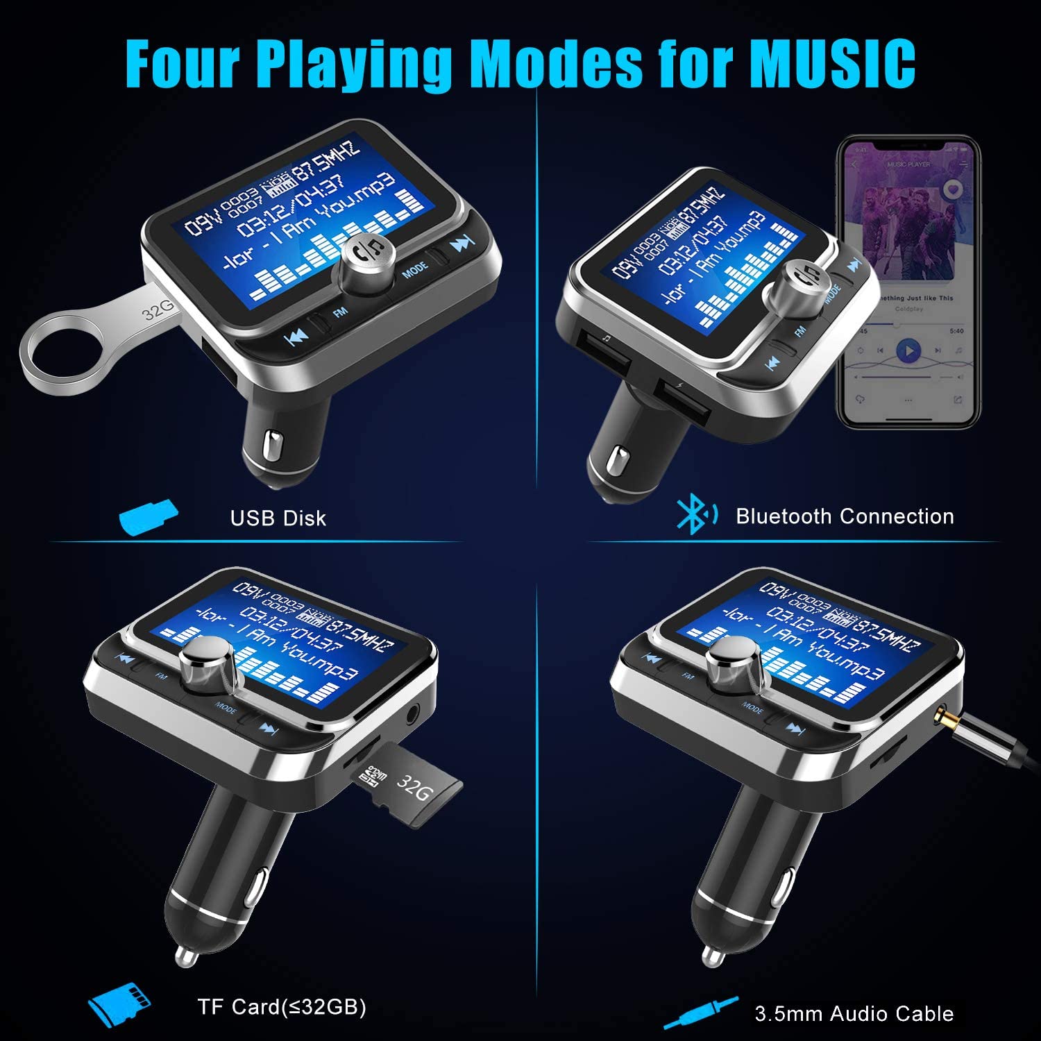 Wireless Bluetooth FM Transmitter for Car with 1.8