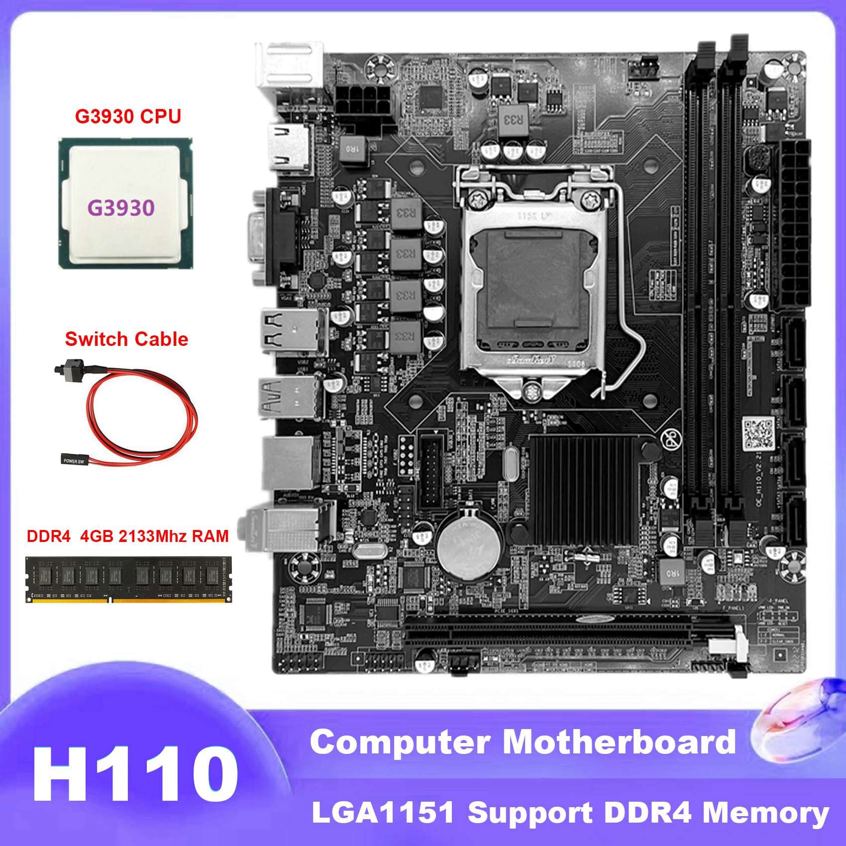 Koanhinn H110 Computer Motherboard - LGA1151 Socket for Intel Celeron G3900/G3930 CPUs | Includes G3930 Processor, 4GB DDR4 2133MHz RAM & Switch Cable | Perfect for Budget Gaming PCs, Home Office Workstations & DIY Computer Builds