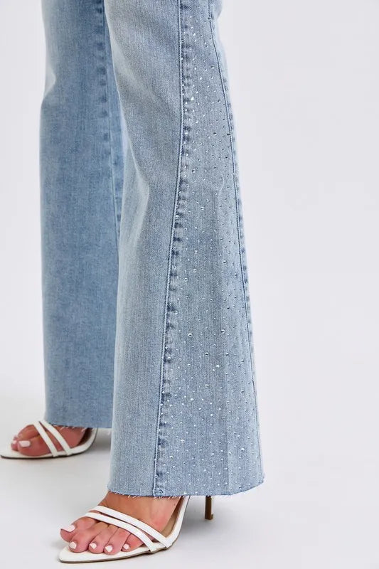 Judy Blue Women's Mid Rise Rhinestone Side Panel Flare Jeans - Stylish Stretch Denim Pants for Casual Wear & Night Out