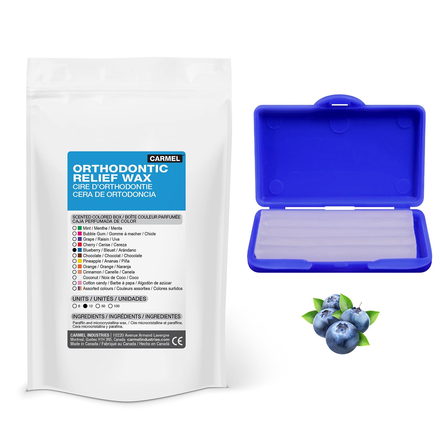 Carmel Orthodontic Wax for Braces - Pack of 12, Blueberry Scented Dental Wax for Pain Relief, Dental Appliances & Damaged Teeth | Comfortable Wax for Braces Wearers & Dental Patients | Perfect for School, Work & Travel
