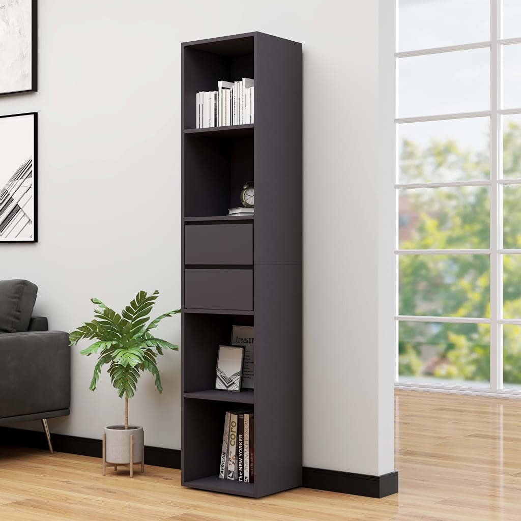 Queen.Y 5-Tier Bookcase Storage Shelf with 2 Drawers - Modern Open Bookshelf for Home Office, Living Room & Bedroom - Display Shelf for Books, Plants & Decor (Gray)