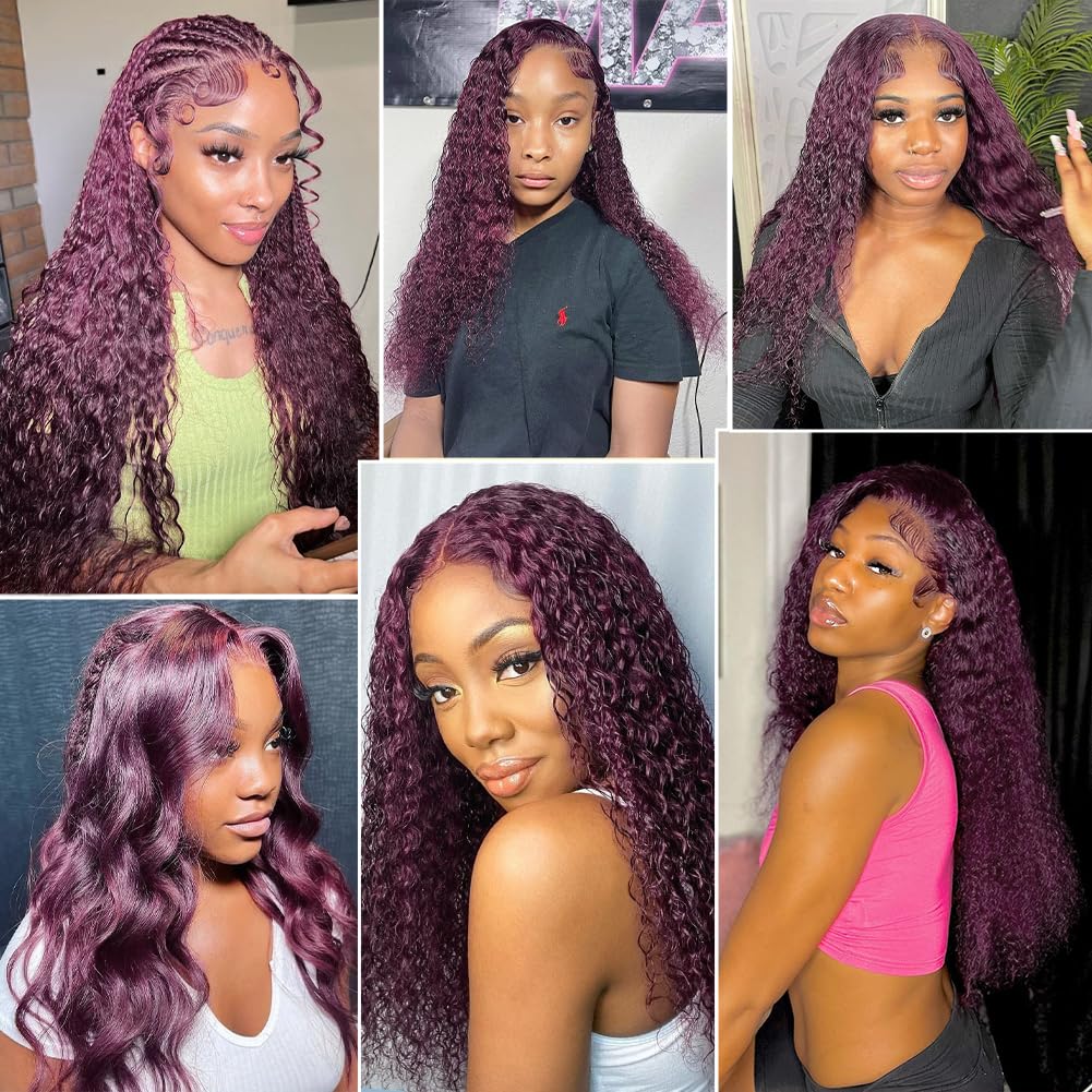 13x4 Purple Deep Wave Human Hair Lace Front Wig 22 Inch - Burgundy Curly Wig 180% Density with Pre-Plucked Baby Hair | Perfect for Cosplay, Parties & Everyday Glam