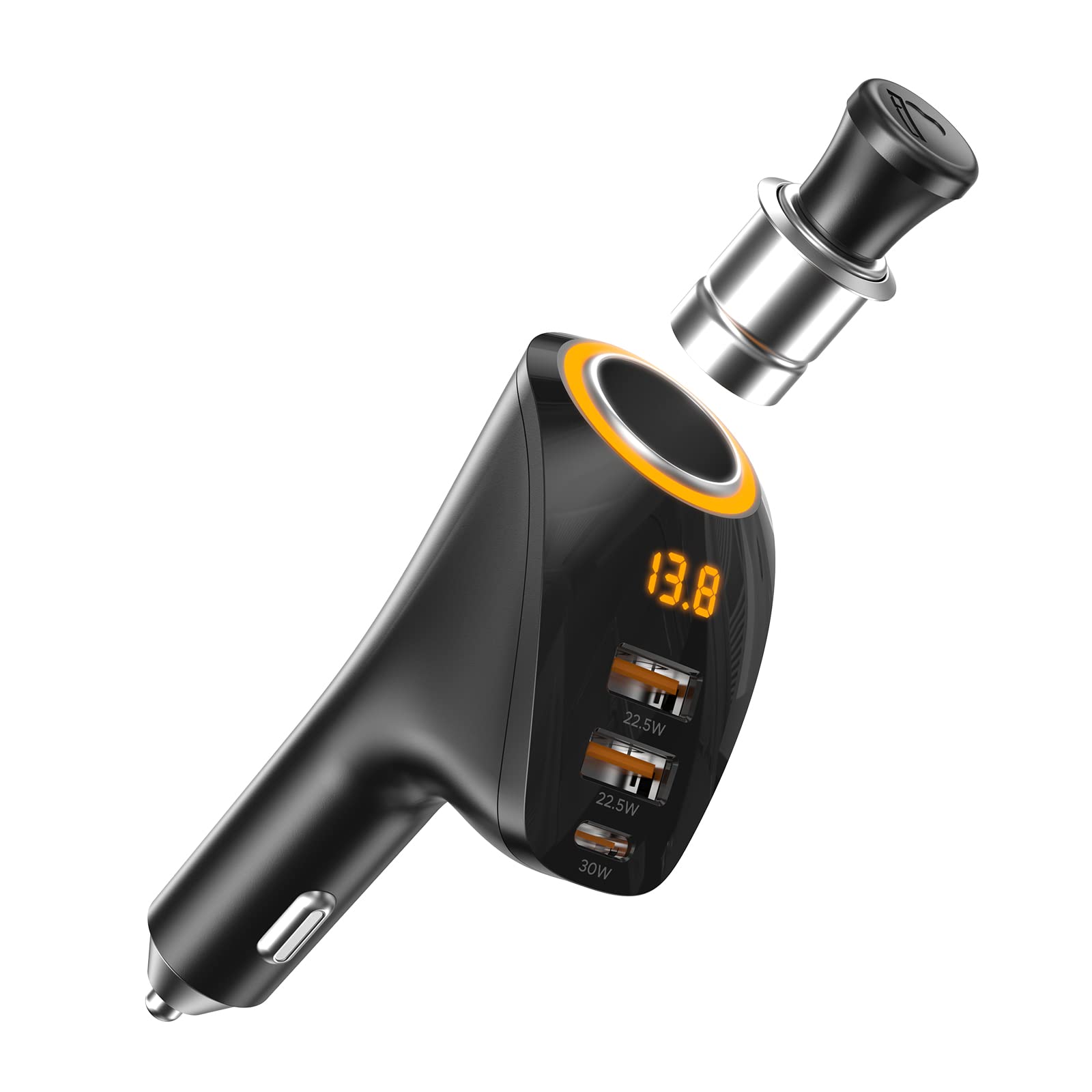 75W Type C Dual USB Car Charger with Voltage Display - Fast Charging for iPhone 15/14, Samsung Galaxy S23/S22, Android Phones - Includes Cigarette Lighter Adapter - Perfect for Road Trips & Daily Commutes