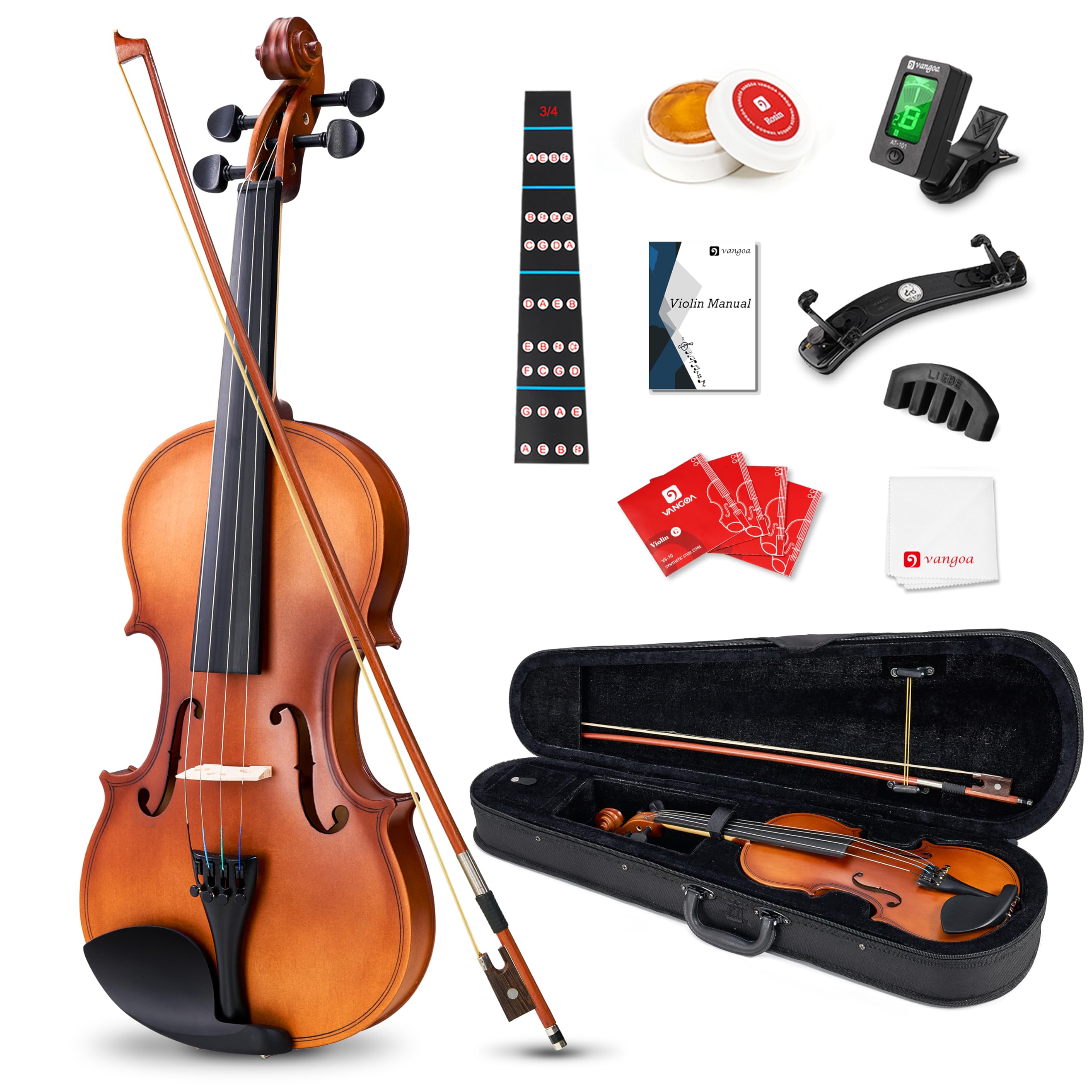 Vangoa 3/4 Size Acoustic Violin Fiddle - Complete Beginner Starter Kit with Case, Rosin, Shoulder Rest, Tuner, Strings, Bow & Accessories - Perfect for Students & Kids Learning Violin at Home or School