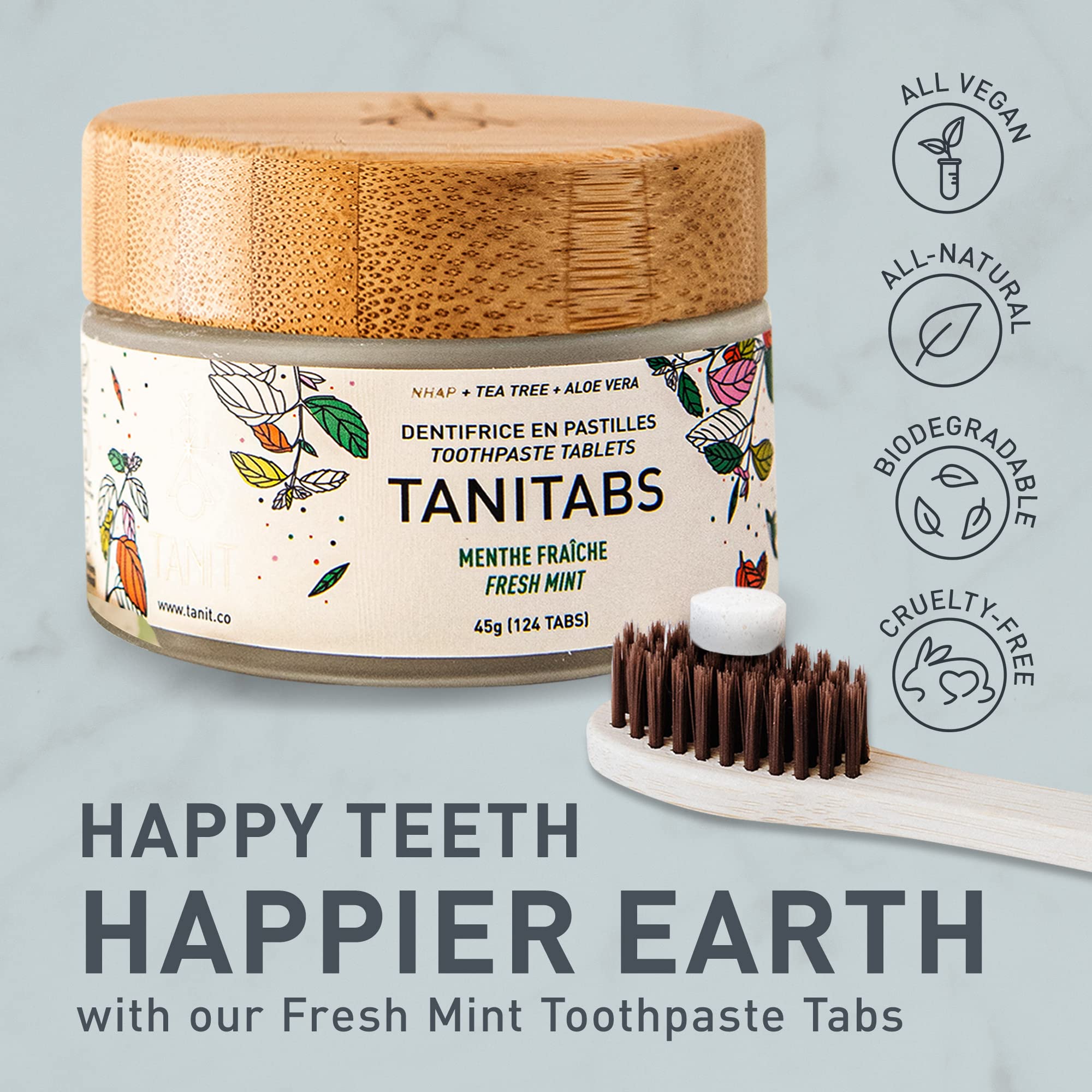Tanitabs Fresh Mint Toothpaste Tablets - Fluoride-Free Natural Toothpaste for Teeth & Gum Care, Zero Waste Travel Toothpaste Tabs in Eco-Friendly Bamboo Jar (124 Tablets, Natural Mint Flavor) - Perfect for Travel, Camping & Sustainable Oral Hygiene Routine