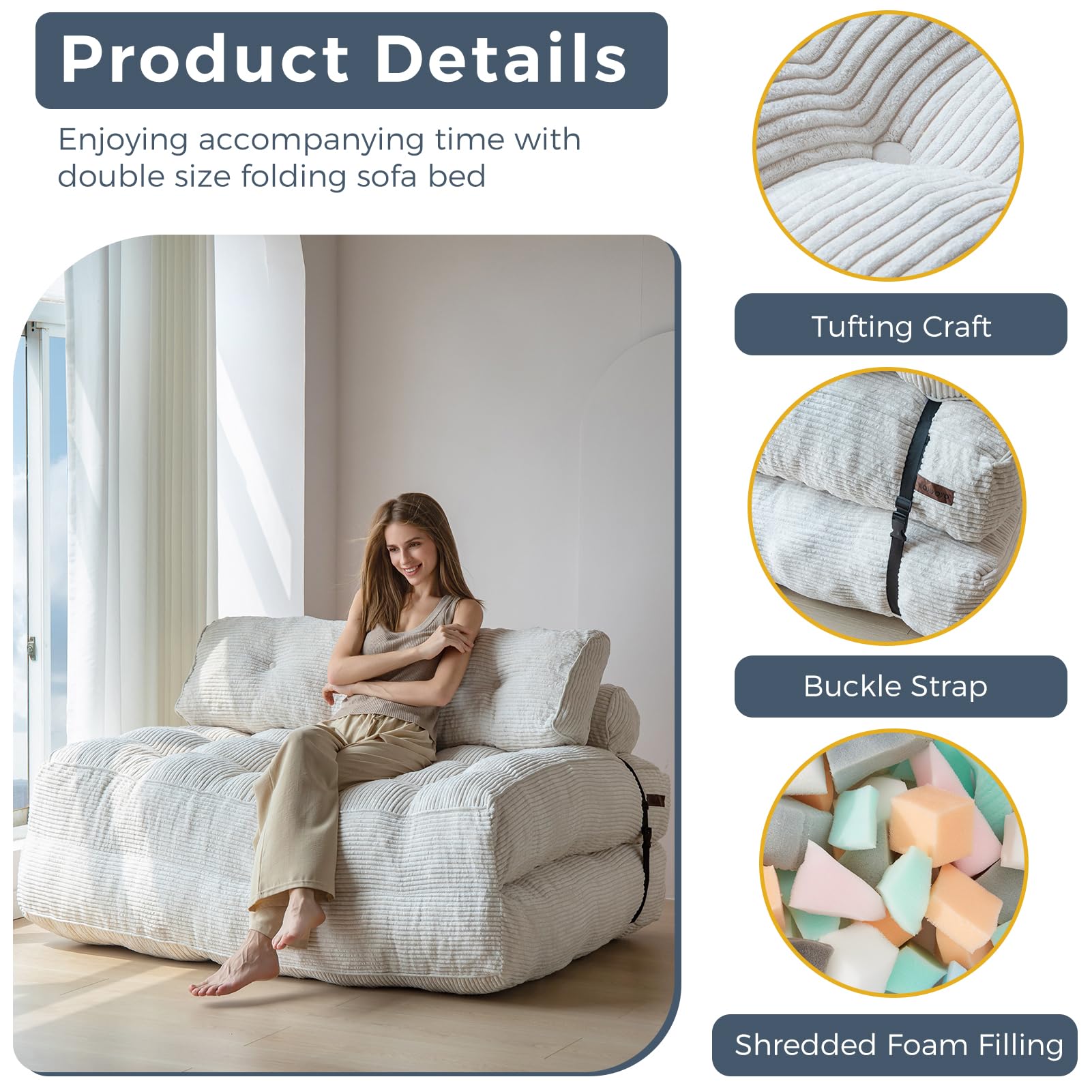 MAXYOYO Corduroy Sofa Bed - Convertible Sleeper Chair with Back Support | Comfortable for Living Room, Guest Room & Small Spaces