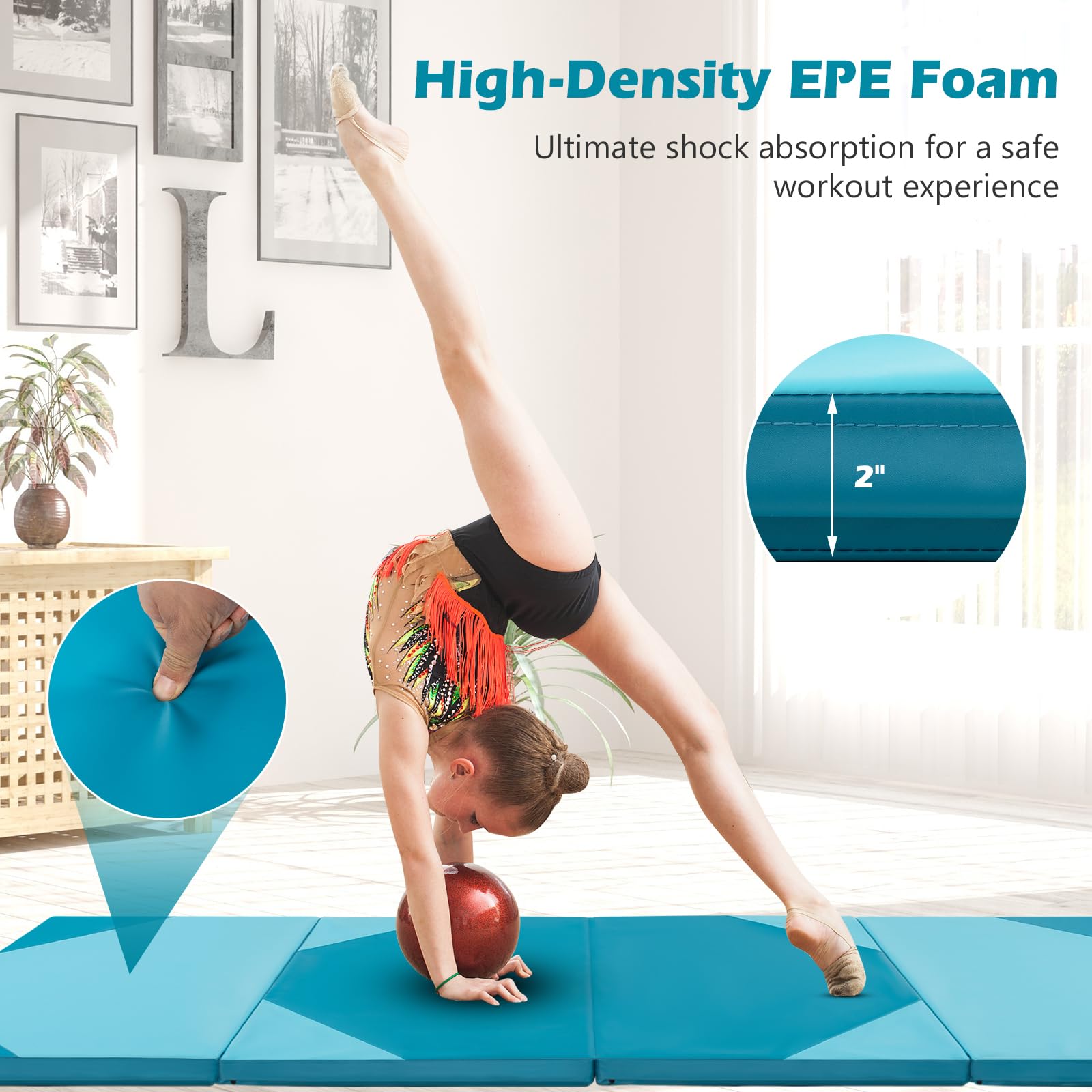 Goplus 10'x4'x2'' Folding Gymnastics Mat - Thick PU Leather Tumbling Mat with Hook & Loop Fasteners & Portable Handles - 4-Panel Exercise Mat for Home Gym, Yoga, Gymnastics, Martial Arts & Kids Play Area