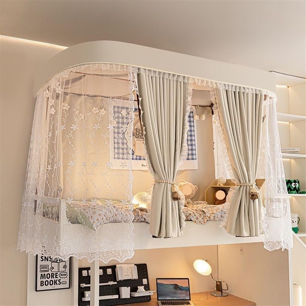 Bunk Bed Canopy Curtain Set with Frame - Top & Lower Bunk Bed Tent with Mosquito Net - Beige Loft Bed Curtains for Kids & Teens - Perfect for Dorm Rooms, Bedrooms & Sleepovers