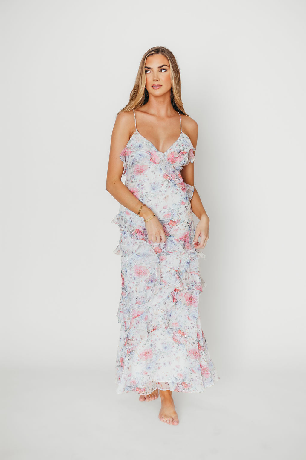 Amelia Ruffle Maxi Dress - White & Multi Floral Print Summer Beach Dress for Women | Boho Chic Wedding Guest Dress & Vacation Outfit
