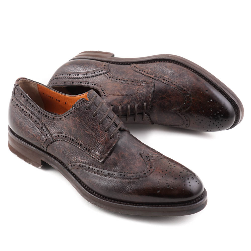 Santoni Wingtip Derby Shoes for Men - Antiqued Brown Leather Dress Shoes for Business & Formal Occasions