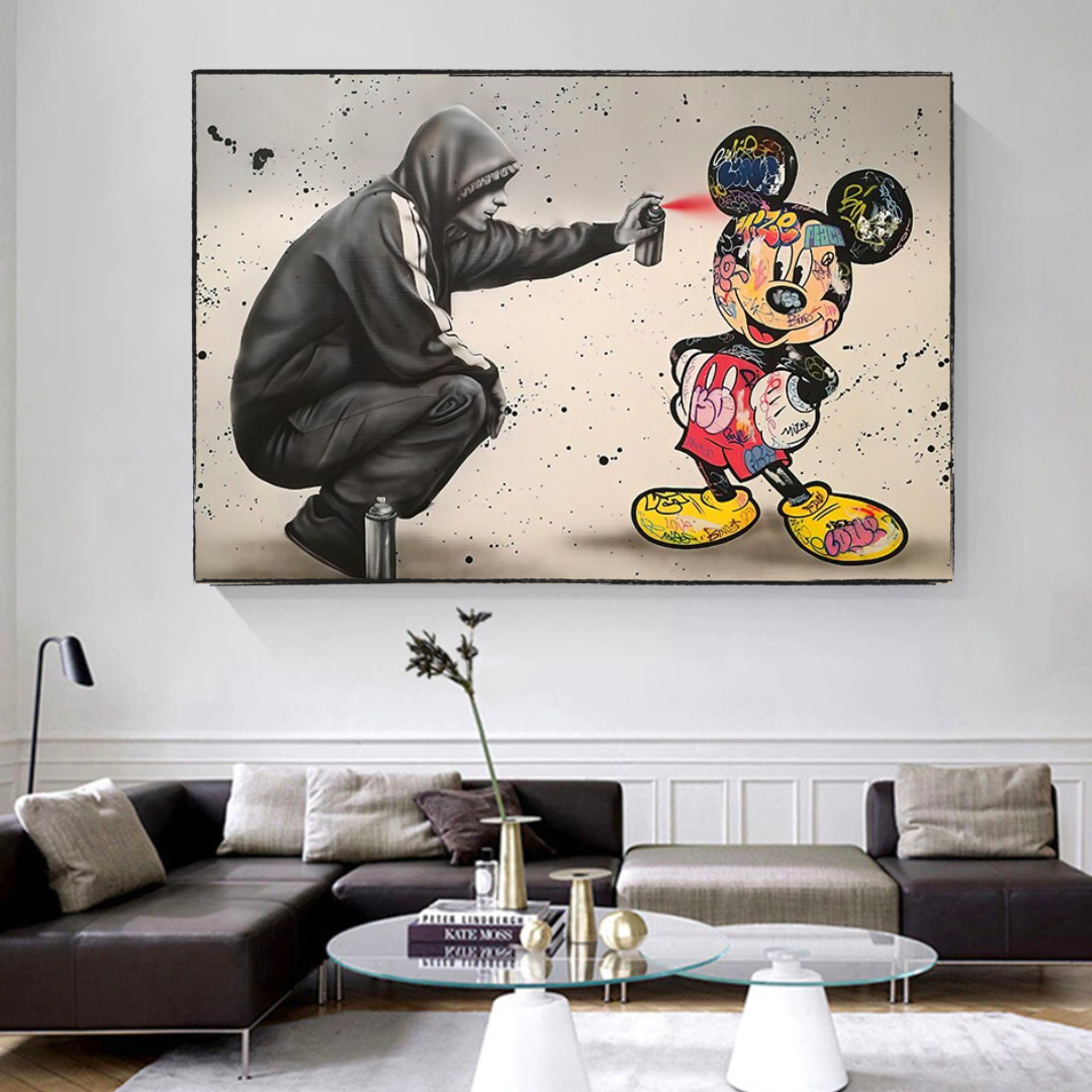 Banksy Mickey Mouse Spray Painted Canvas Wall Art - Urban Street Art Print for Modern Home & Office Decor | Perfect for Living Room, Bedroom & Studio Wall Display