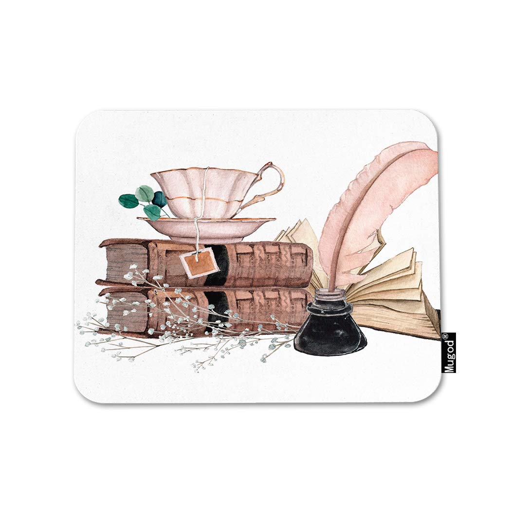 Vintage Old Books Mouse Pad with Leaves, Flowers, Tea Cup & Feather Pen Design - Non-Slip Rubber Base Gaming Mouse Mat for Computer, Laptop, PC - Perfect for Office, Home & Gaming Setup (9.5x7.9 Inches)