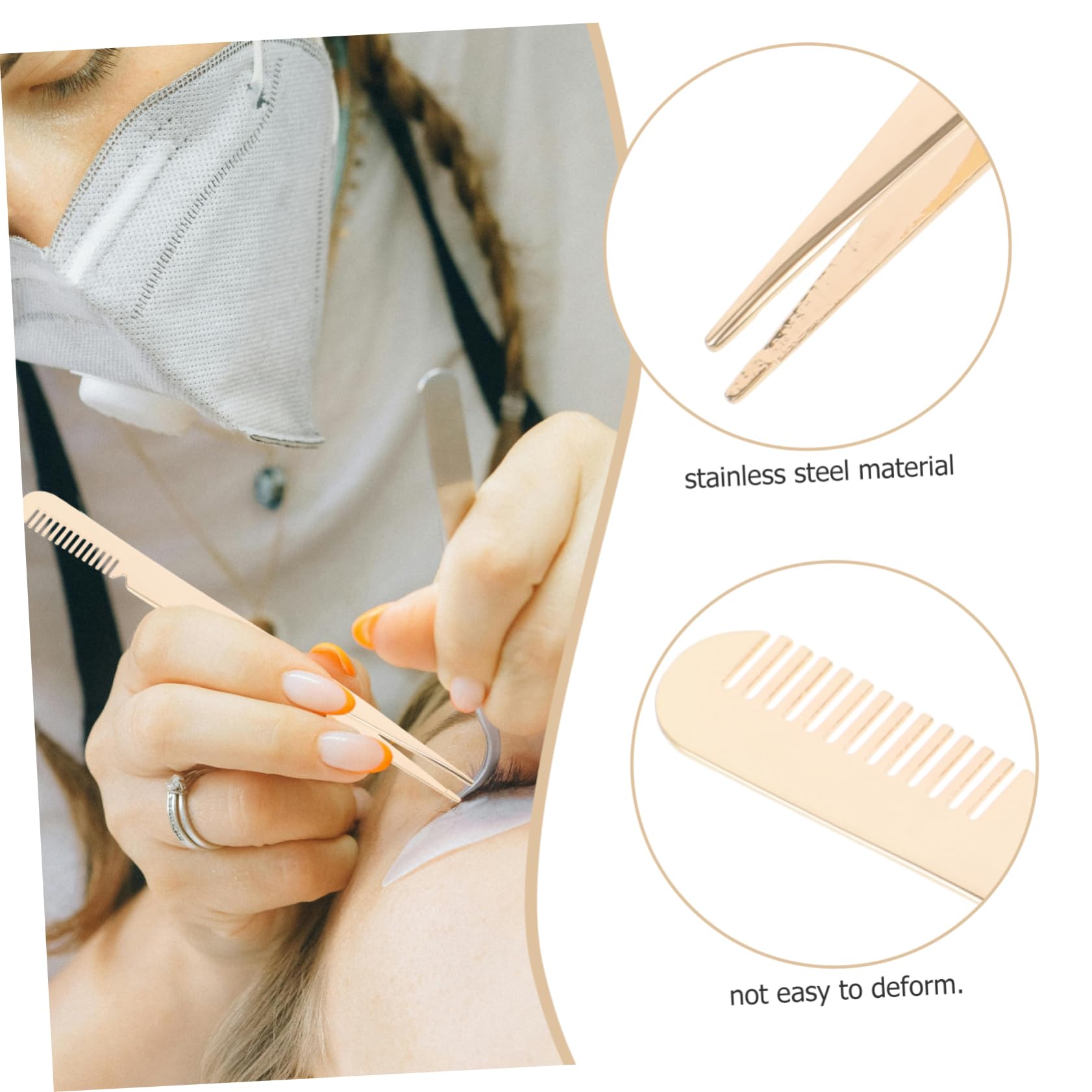 Minkissy Professional Eyelash & Eyebrow Tweezers - Stainless Steel Lash Clamp Tweezers with Comb for Women & Men - Perfect for Lash Extensions, Eyebrow Shaping & Makeup Application - Golden Metal Beauty Tools