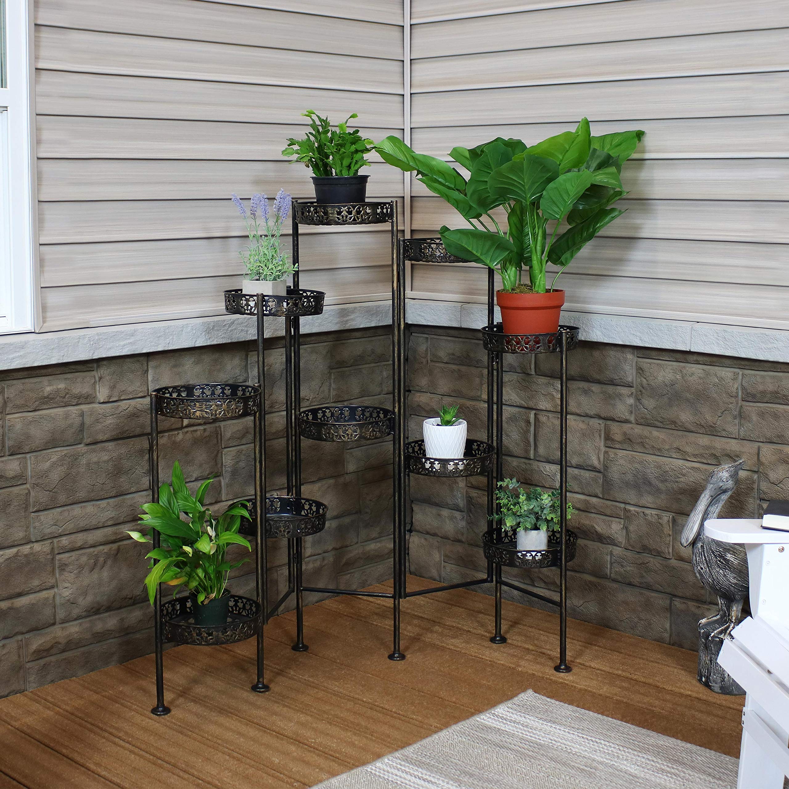 46-Inch 10-Tier Steel Indoor Outdoor Folding Plant Stand with Bronze Finish - Perfect for Balcony, Garden, Patio & Home Decor