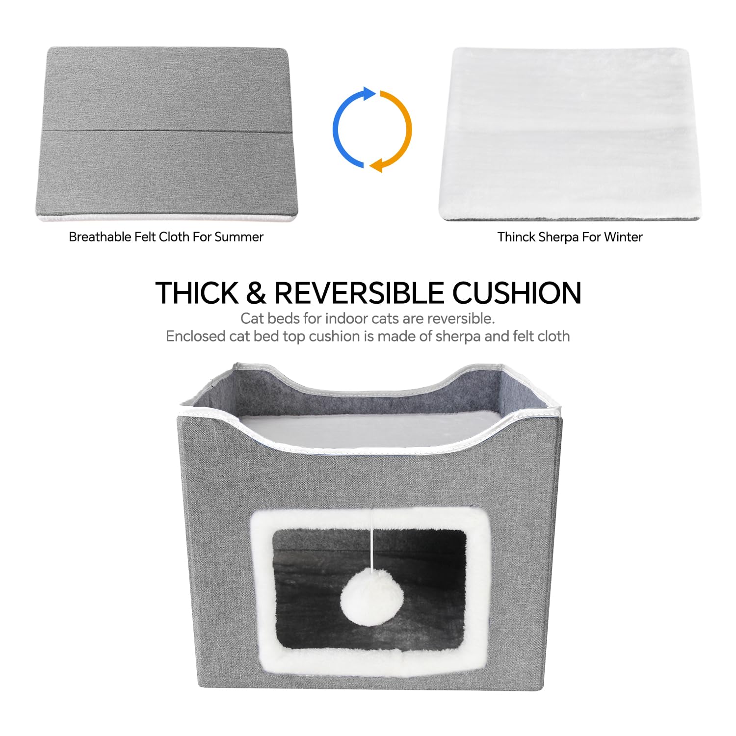 BEDELITE Foldable Cat Bed for Indoor Cats - Cozy Cat House with Scratch Pad & Toy Ball, Portable Cat Condo & Kitten Cave Hideaway, 15.4×15.4×12.6 inches (Grey) - Perfect for Living Room, Bedroom & Pet-Friendly Spaces