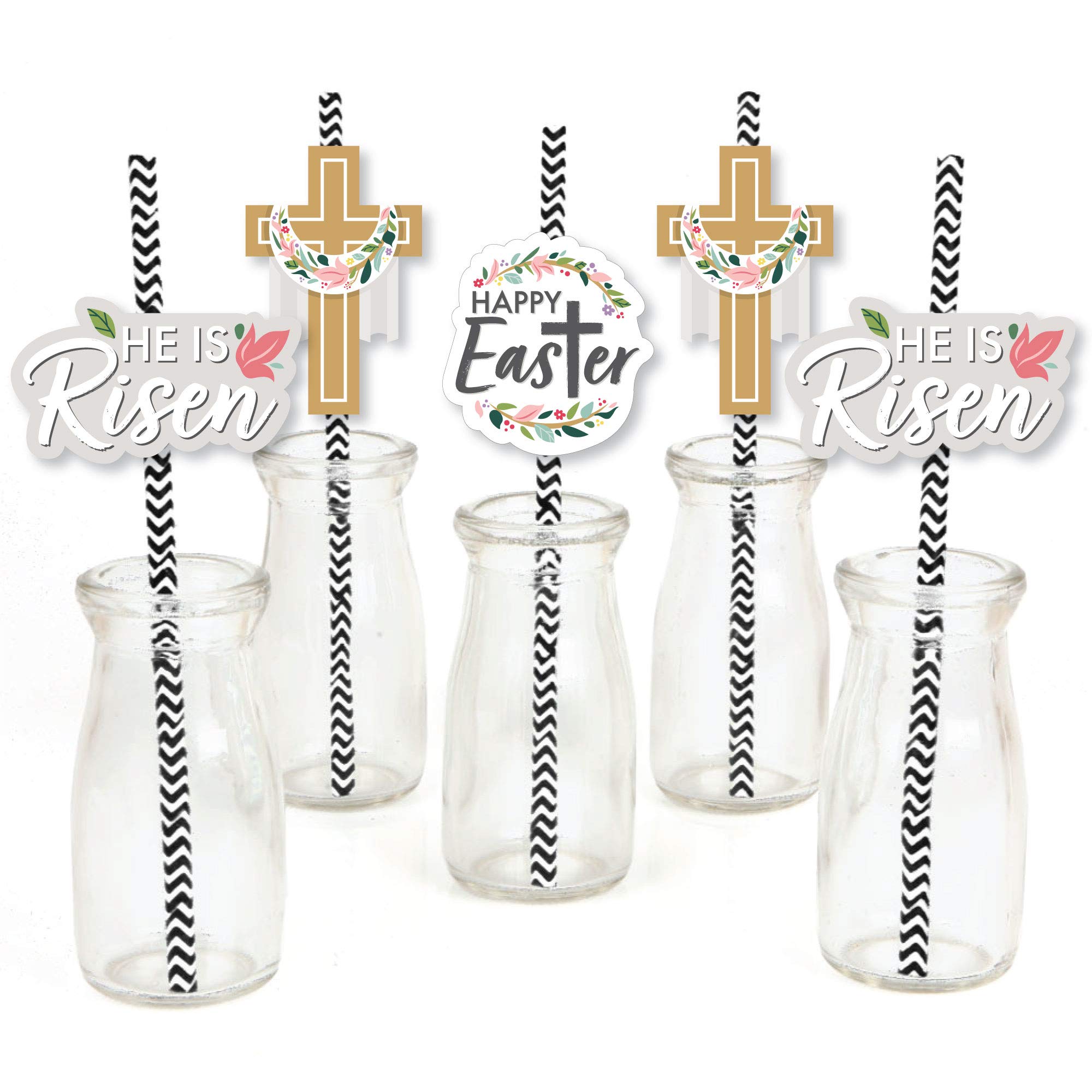 Religious Easter Paper Straw Decorations - 24 Pack Christian Holiday Party Striped Decorative Straws for Easter Celebrations, Church Events & Spring Gatherings