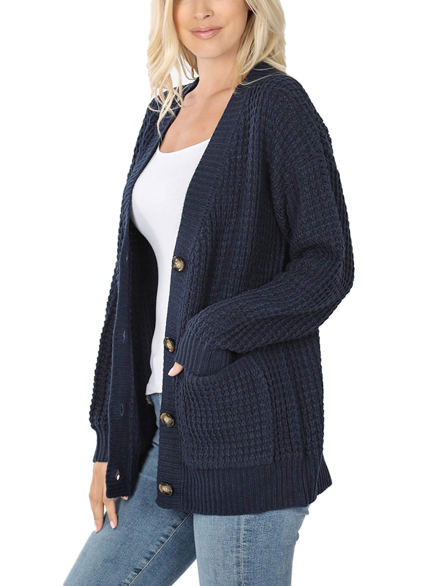 KOGMO Women's Waffle Knit Button Front Cardigan with Pockets - Cozy Fall Winter Sweater for Casual Outfits & Layering
