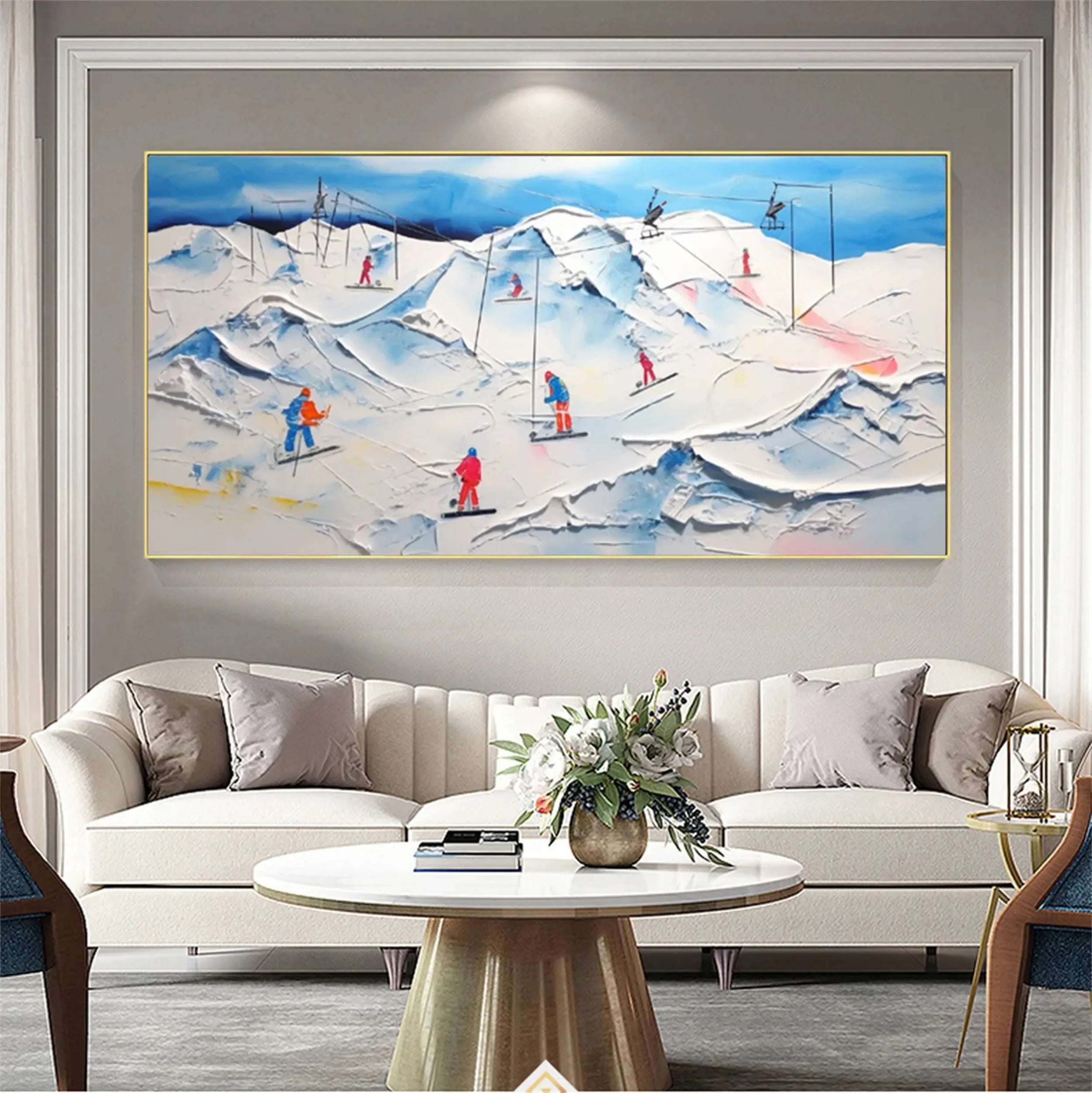 Premium Skiing Sport Art Textured Painting Canvas Wall Decor - Winter Sports Theme Home & Office Decoration #MM224 - Perfect for Living Room, Bedroom, Ski Lodge & Cabin Decor