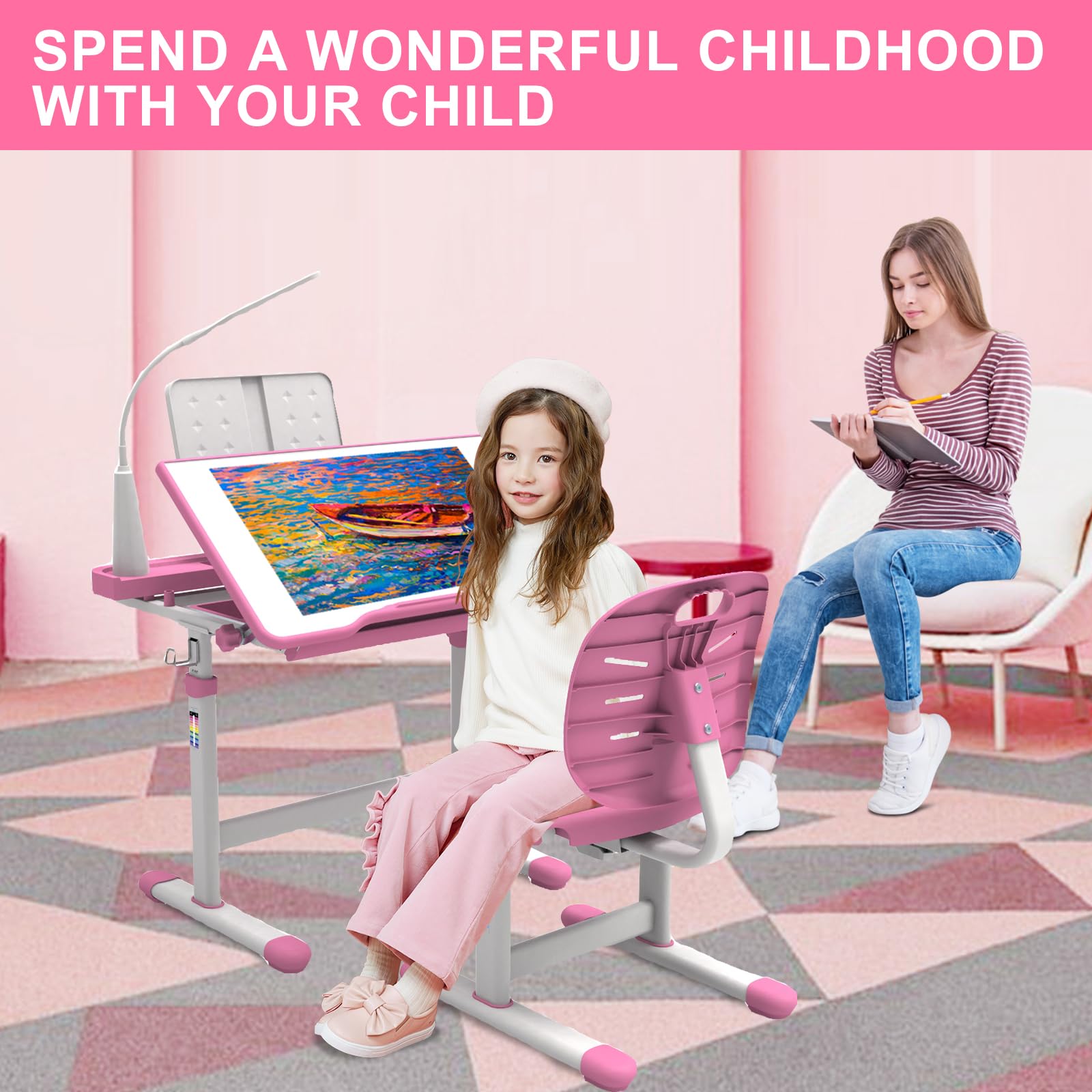 BELANITAS Kids Desk and Chair Set - Adjustable Ergonomic Study Desk for Children Ages 5-8 with 40° Tiltable Desktop & Built-in Light, Pink - Perfect for Homeschooling, Online Learning & Homework Station