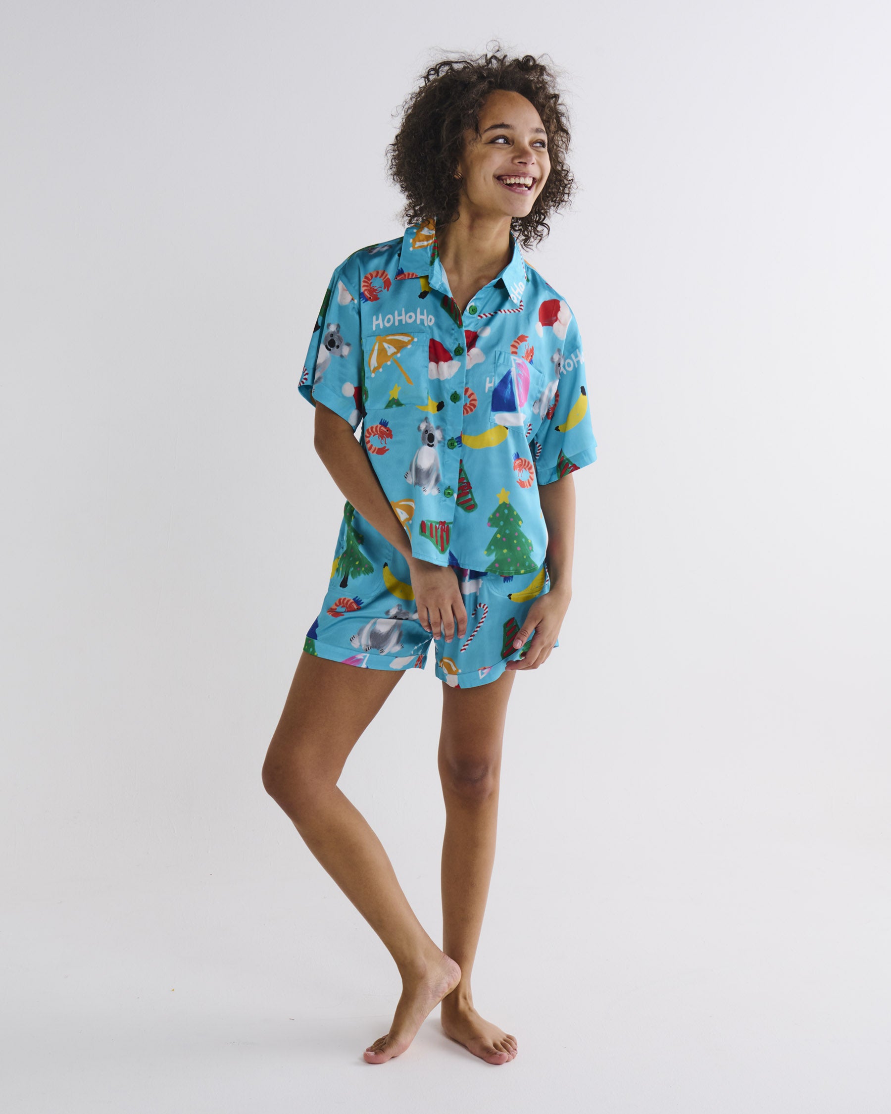 Christmas Icons Teen Eco-Friendly Satin Short Sleeve Pajama Set - Cozy Holiday Sleepwear for Girls, Festive Matching PJs for Christmas Morning & Winter Nights