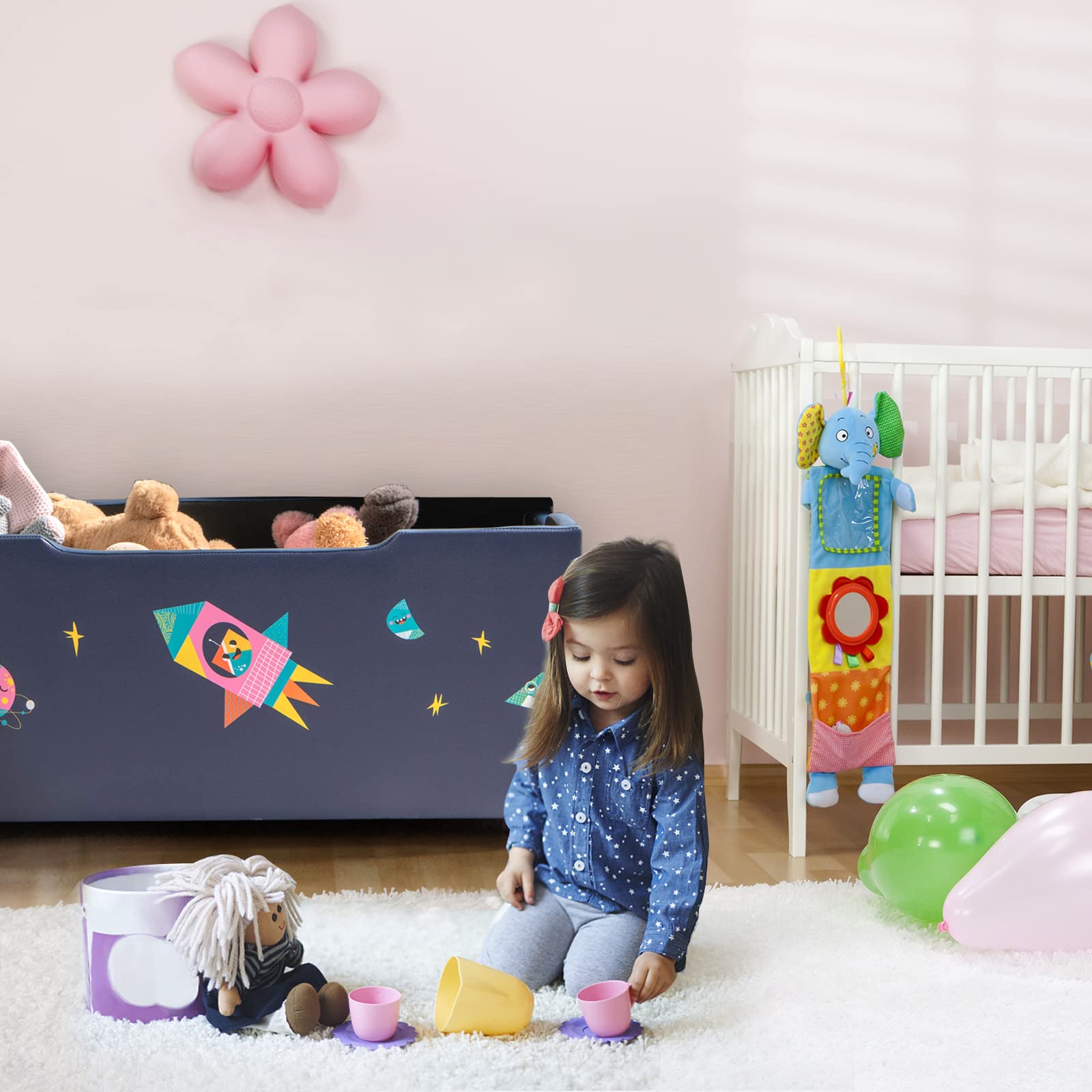 HONEY JOY Kids Wooden Toy Storage Box - 2-in-1 Large Toy Chest with Padded Seat, Carry Handles & Faux Leather Cover - Nursery, Bedroom, Playroom Organizer - Perfect for Toy Storage and Extra Seating in Kids Rooms (Astronaut Design)