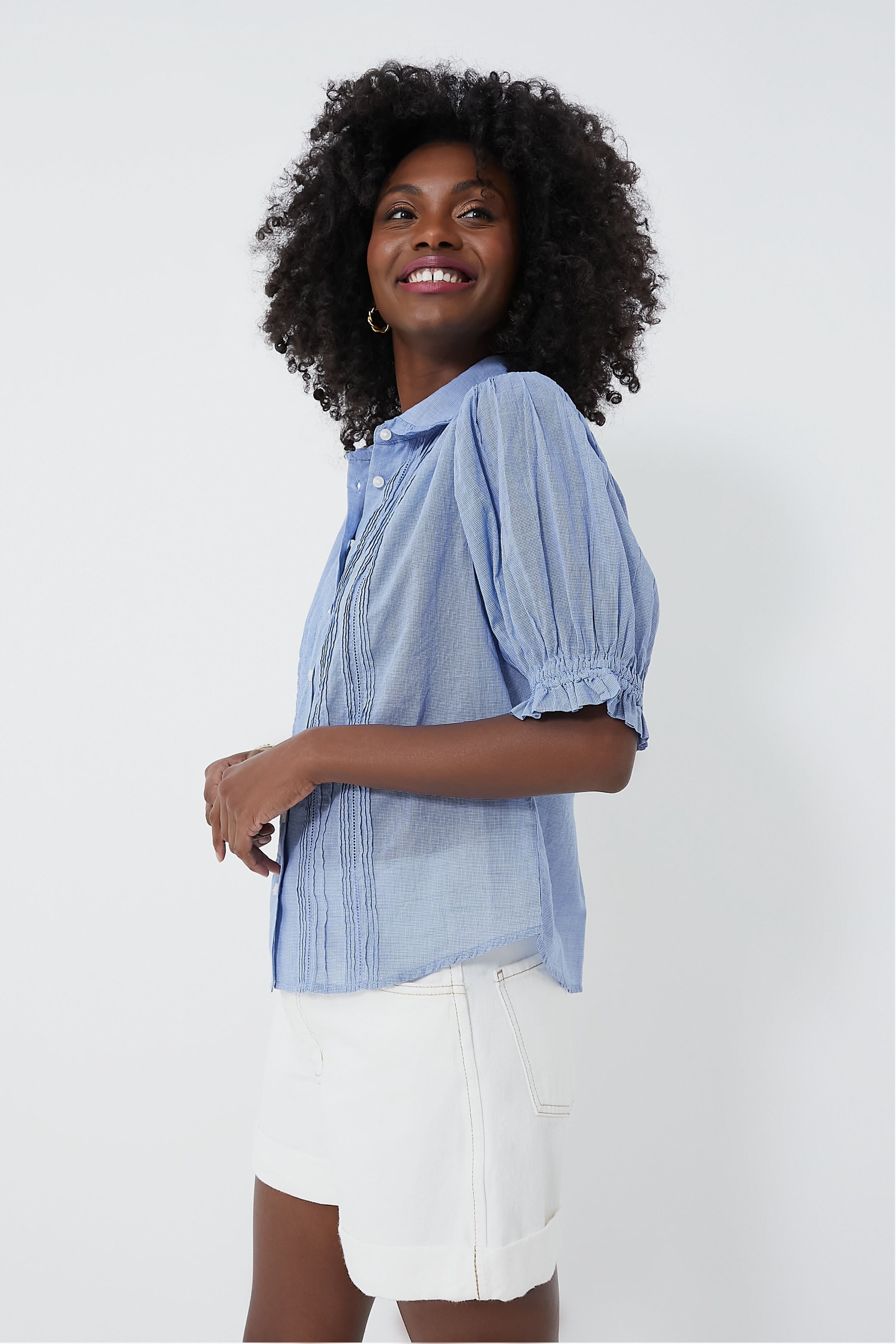 Blue Houndstooth Gemma Blouse for Women - Elegant Vintage Style Button Up Shirt - Perfect for Office, Date Night & Special Occasions