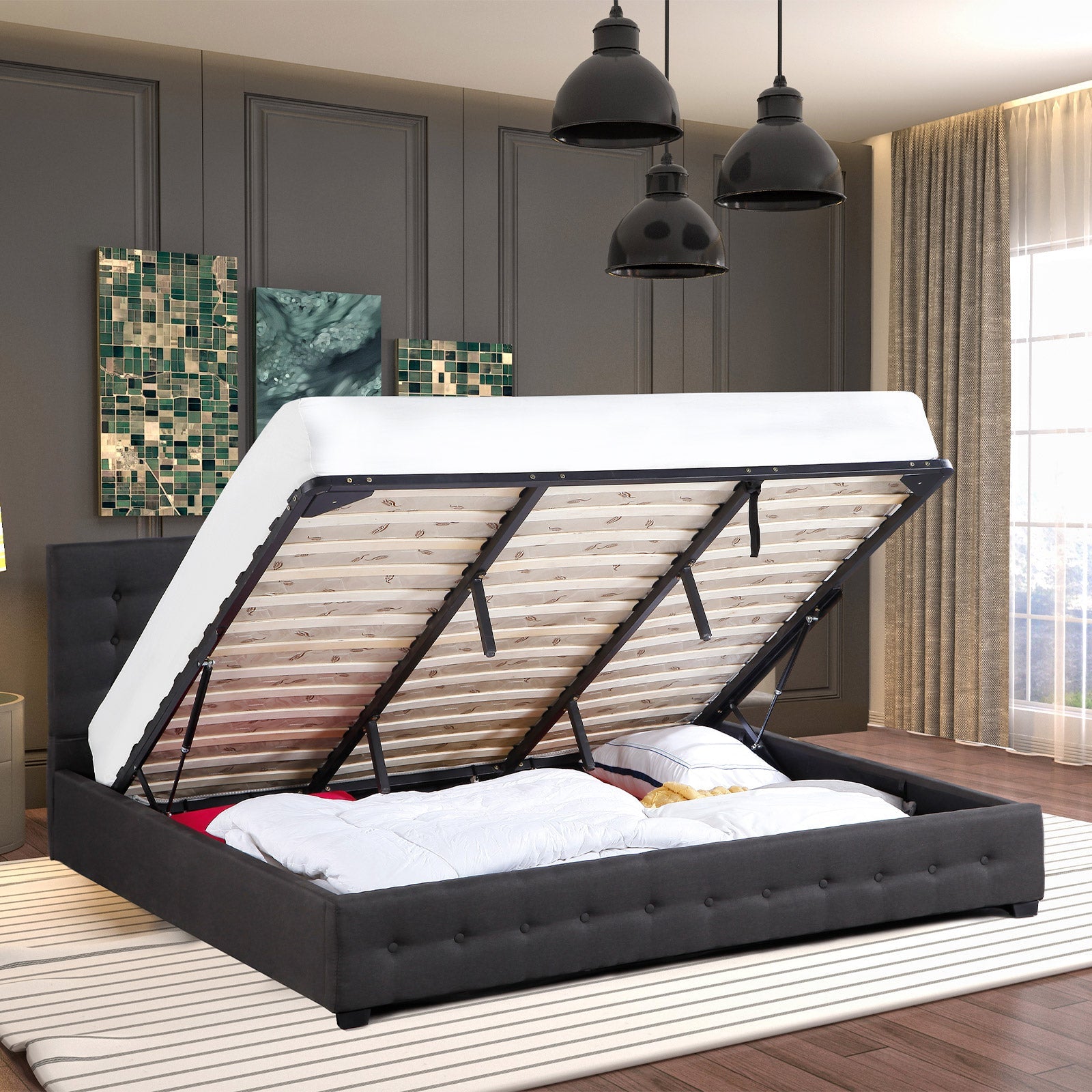 Eden Double Gas Lift Bed Frame with Storage - Dark Grey - Modern Platform Bed for Small Spaces, Guest Rooms & Apartments