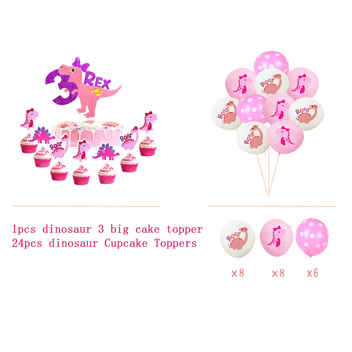 Pink Dinosaur Birthday Party Decorations for Girls - 3 Year Old Dino Rex Theme Party Supplies | Dinosaur Cake Toppers, Balloons, Banners for Baby Girl Birthday Celebration (Perfect for Indoor/Outdoor Dinosaur Themed Parties)