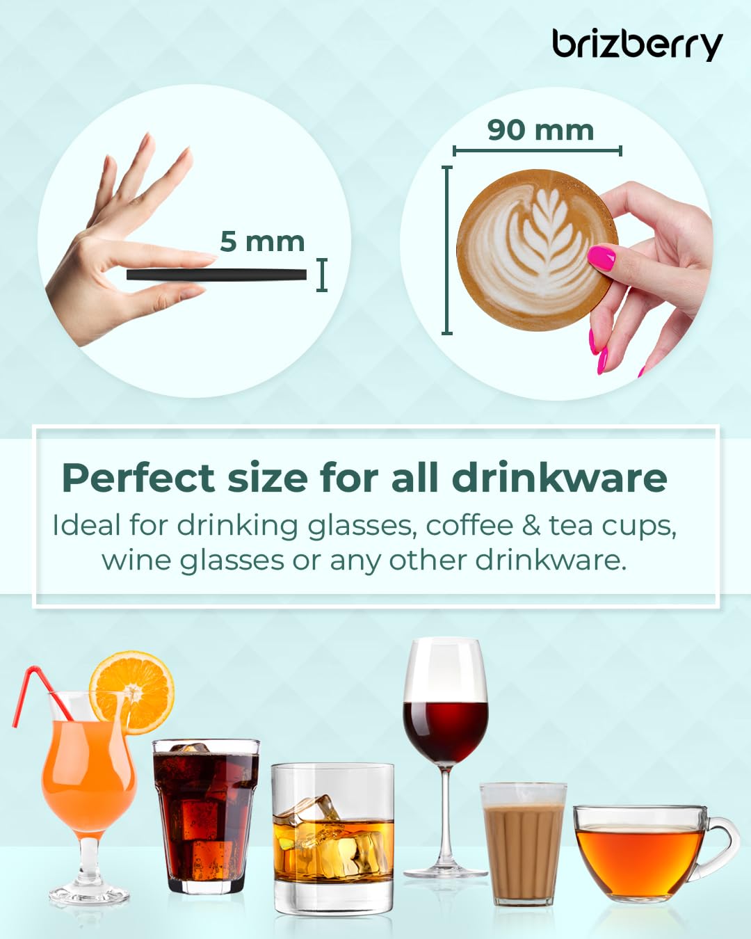 Premium Wooden Coasters Set of 6 - 3.5x3.5 Inch Absorbent & Durable for Coffee, Tea, Wine Glasses - Elegant Printed Designs for Home, Office, Restaurant Use - Brizberry Brizcoast Collection