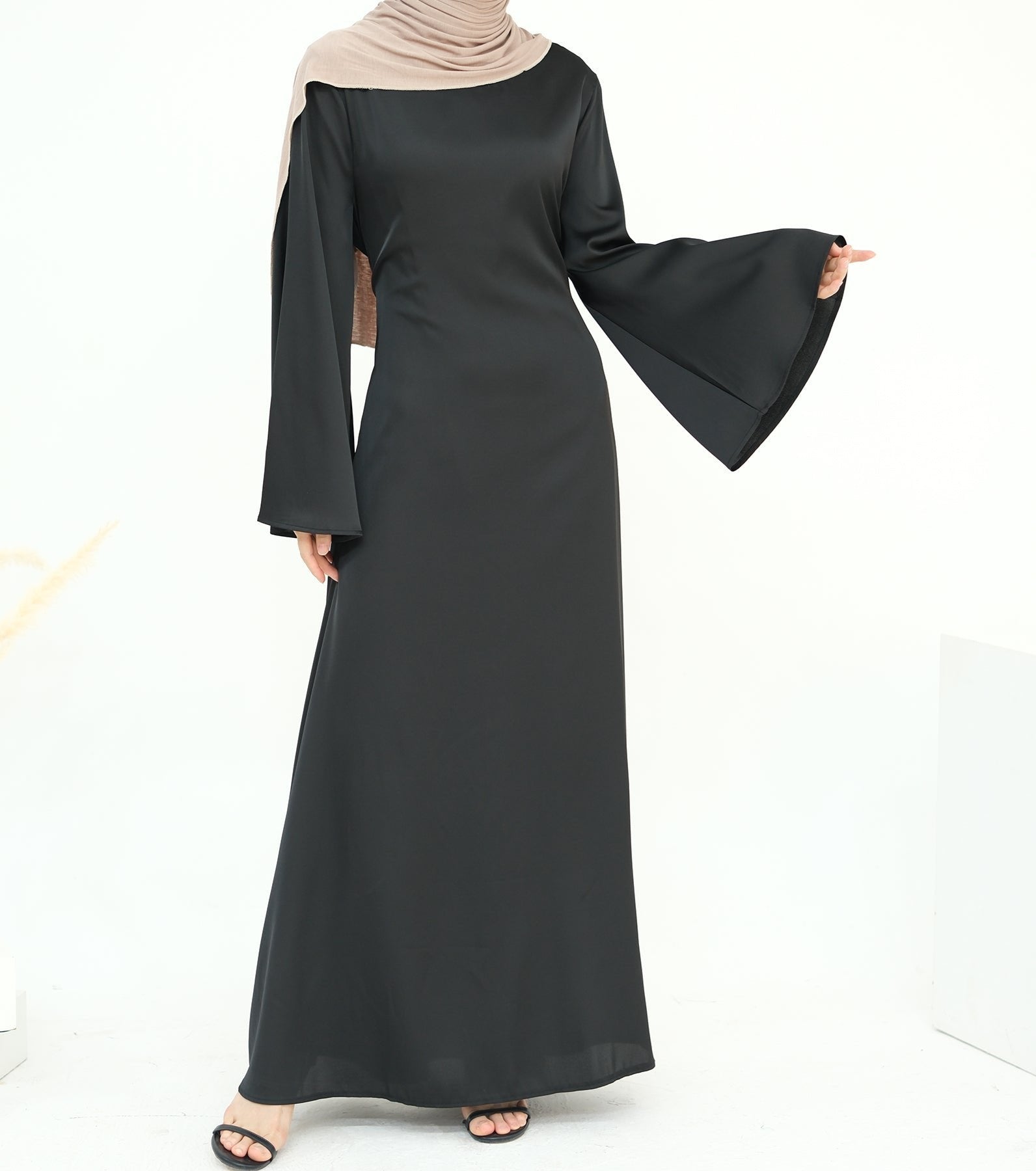 Elegant Calista Trumpet Sleeves Satin Dress in Black - Perfect for Evening Parties, Weddings & Special Occasions